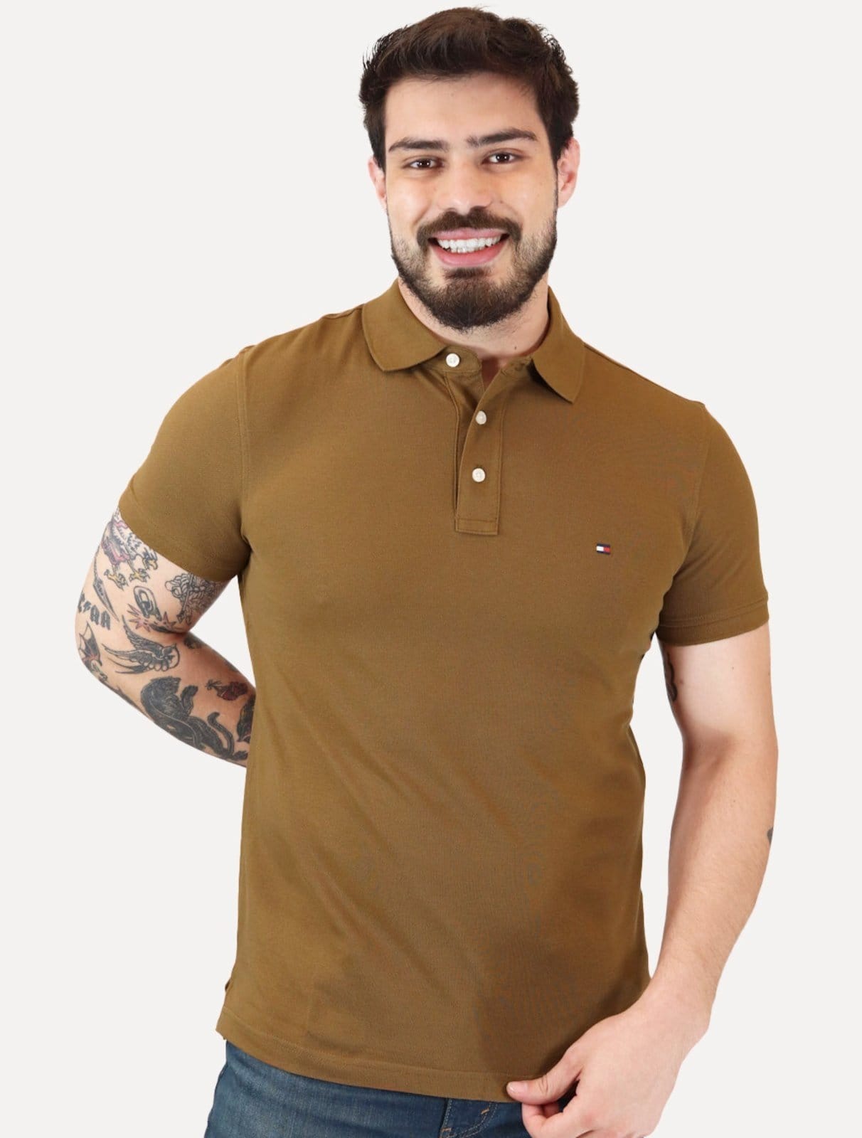 Vista principal Polo Tommy Hilfiger Masculina Slim Piquet 1985 Marrom Tommy Hilfiger verde