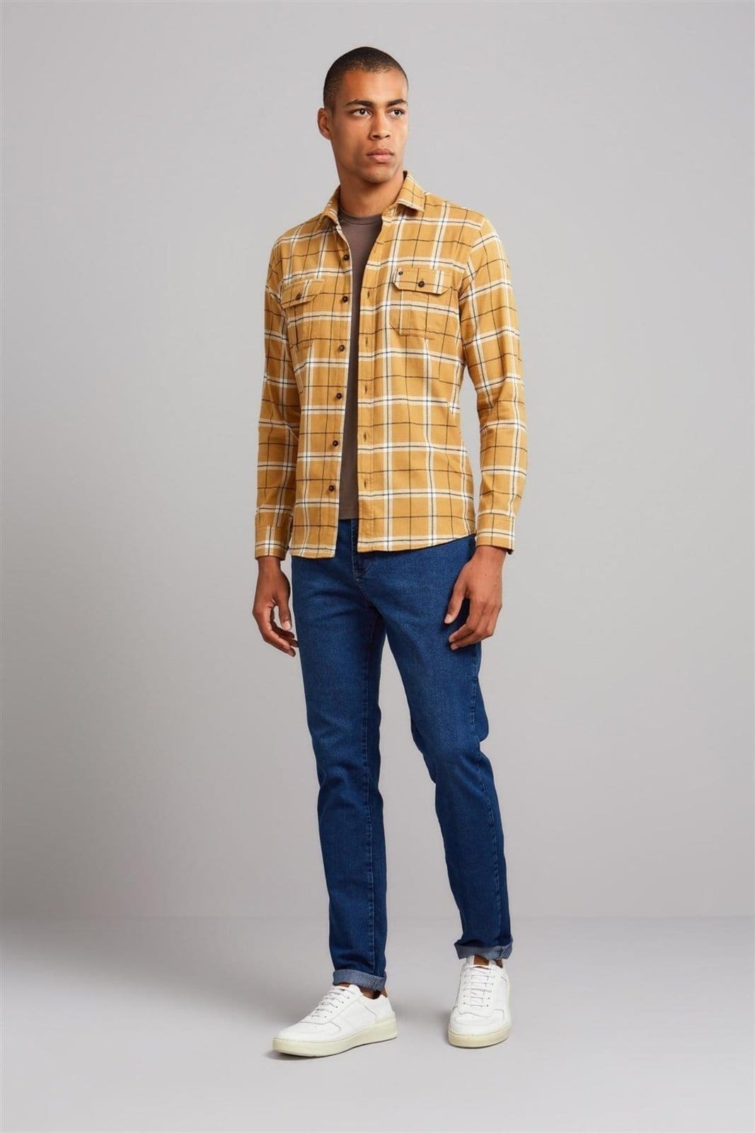 Vista 2 HIGHSTIL Camisa com Bolso Flanela Xadrez Slim Fit Mostarda HIGHSTIL amarelo