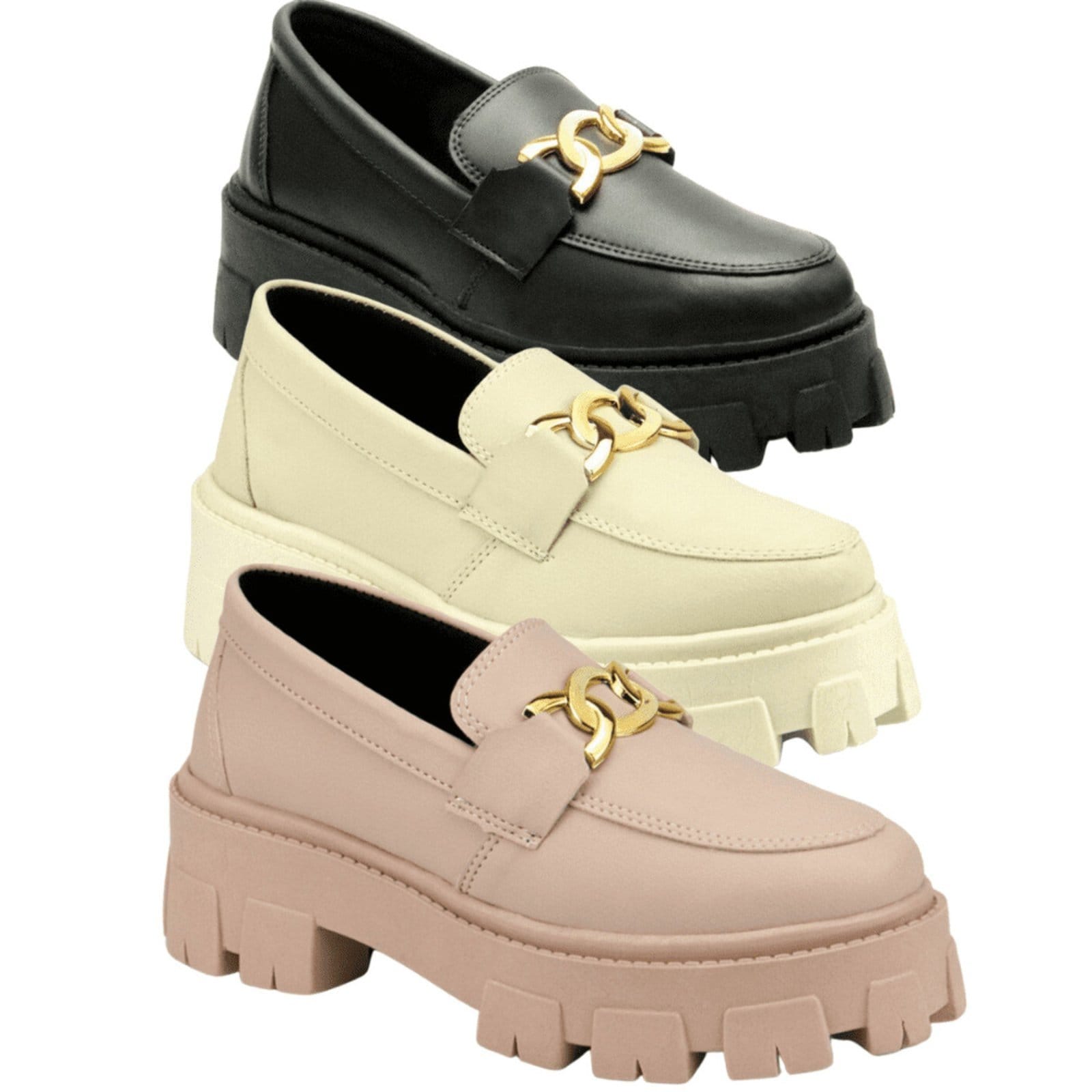 Vista principal Kit 3 Mocassim Tratorado Feminino Oxford Plataforma Com Metal Blogueira Leve GuGi 403-GG Marfim e Rose Gugi off-white/preto/rosê rose