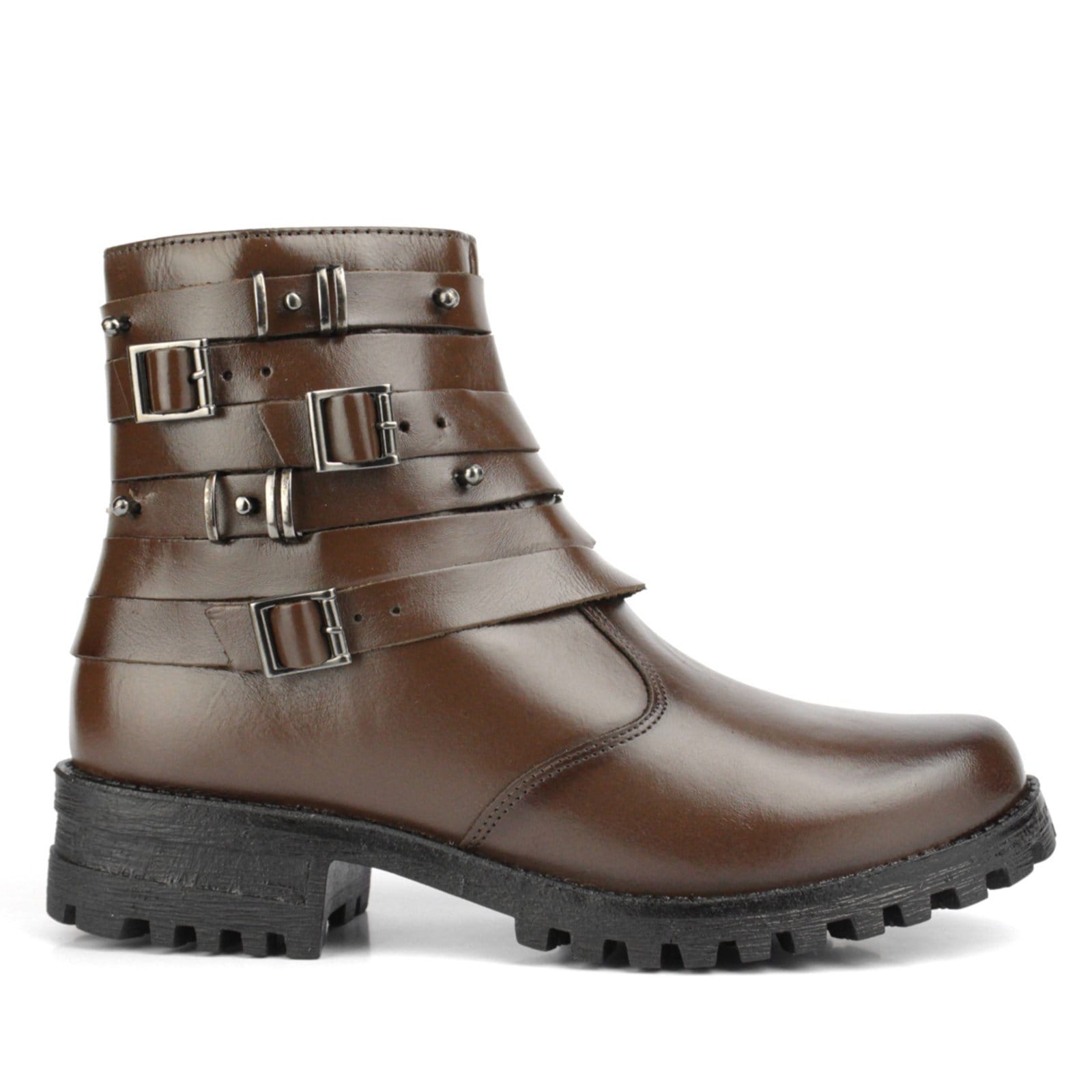 Bota Coturno Couro Feminino Cano Curto Solado Tratorado Baixo Zíper Fivelas Básica Casual Tabaco