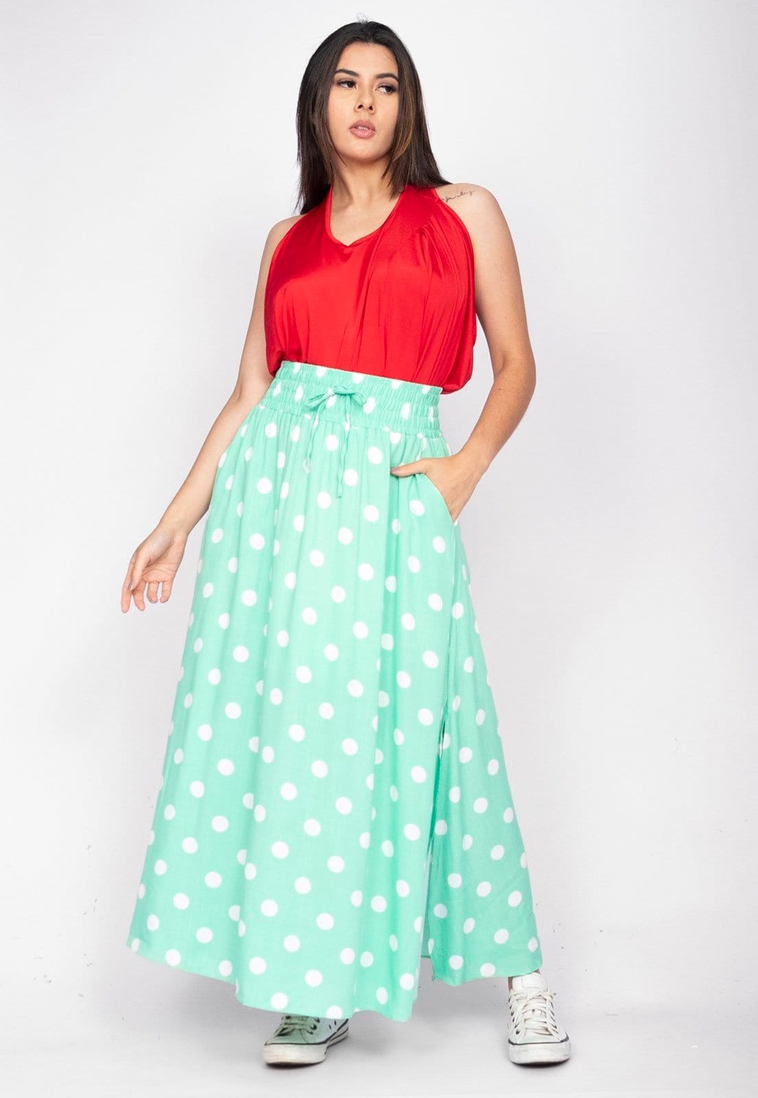 Saia Longa Amazonia Vital Viscose Verde Aqua Poá