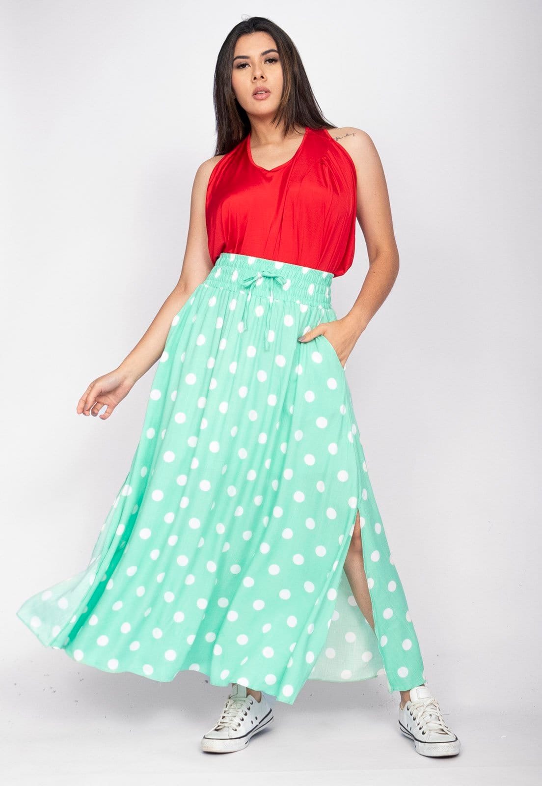 Vista 2 Saia Longa Amazonia Vital Viscose Verde Aqua Poá Amazonia Vital branco/verde verde