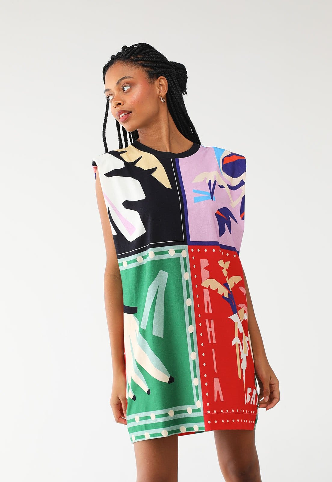 Vista principal Vestido FARM Curto Ombreira Lenço Brasil FARM preto