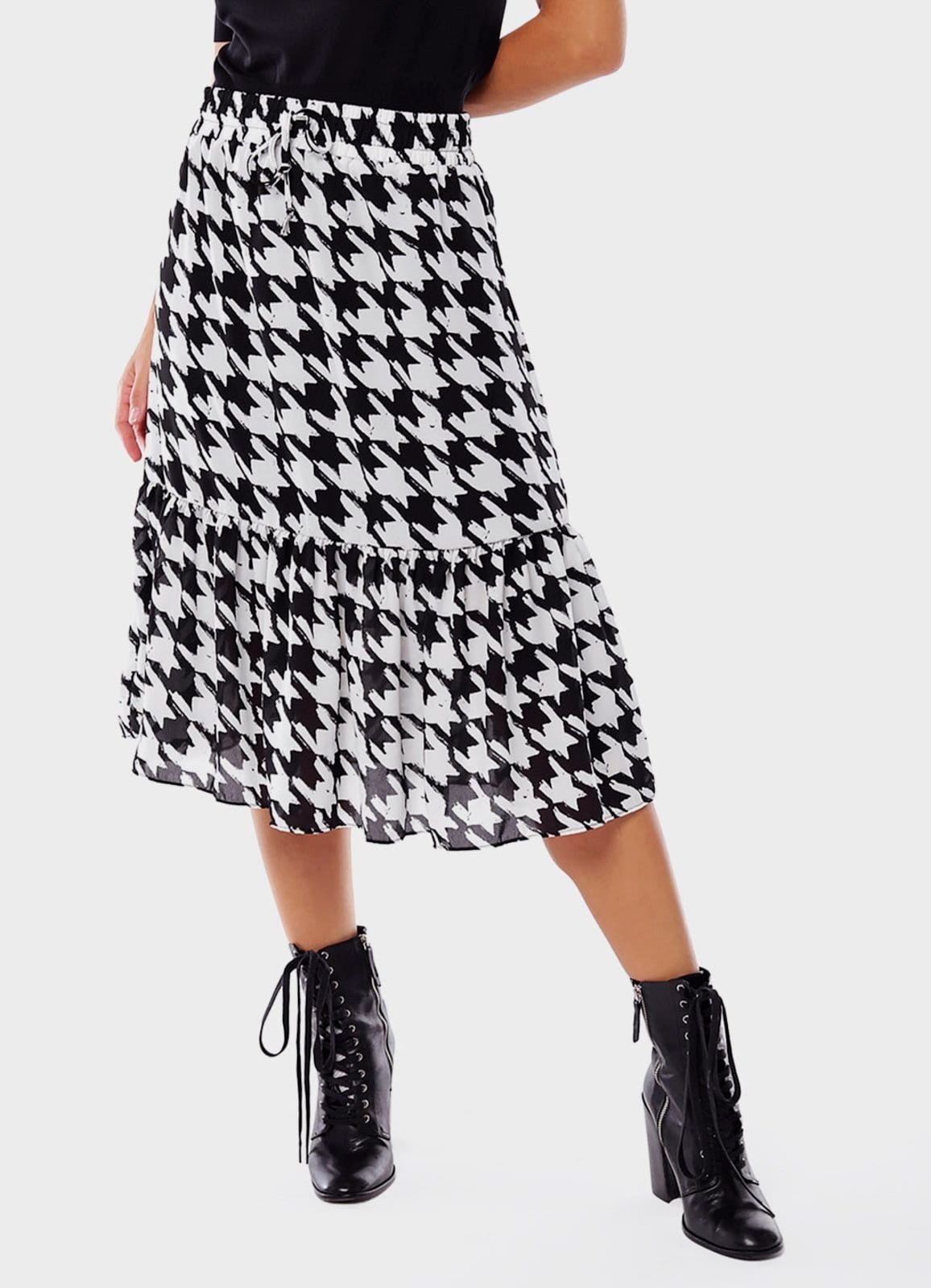 Vista principal Saia Midi Xadrez Pied de Poule Crepe Preta e Branca Sob SOB preto