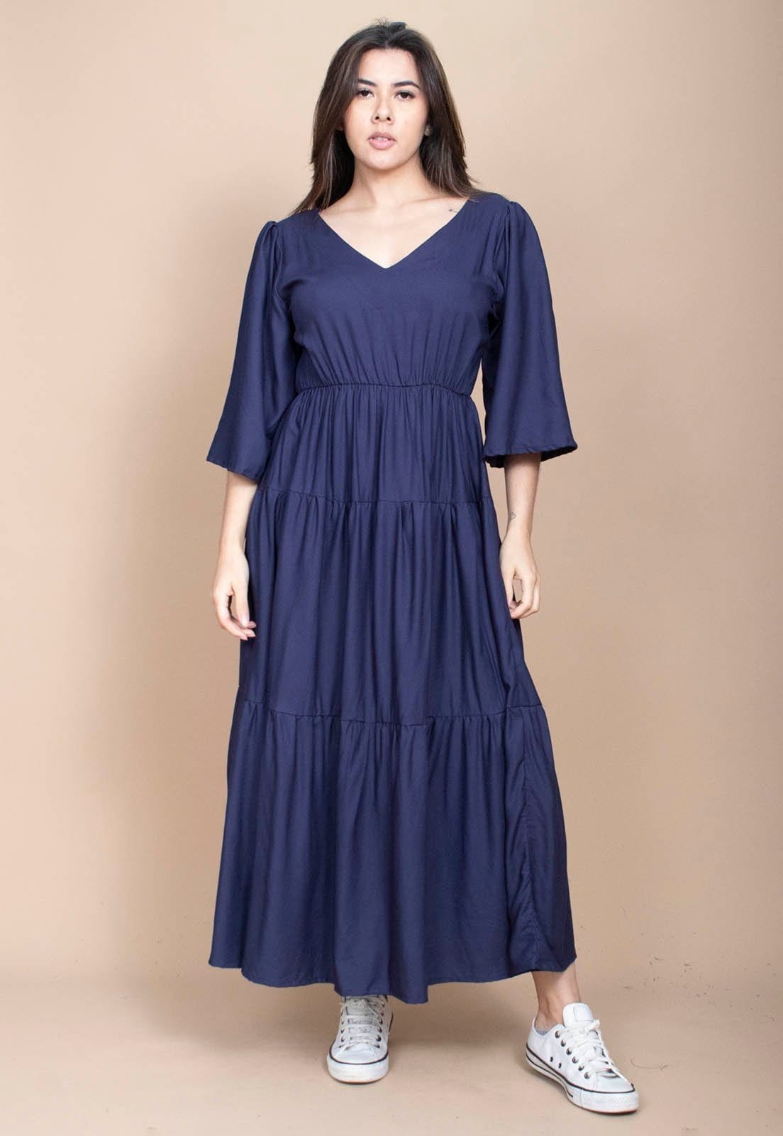 Vestido Longo Cabanafree Plano com Manga e Camadas