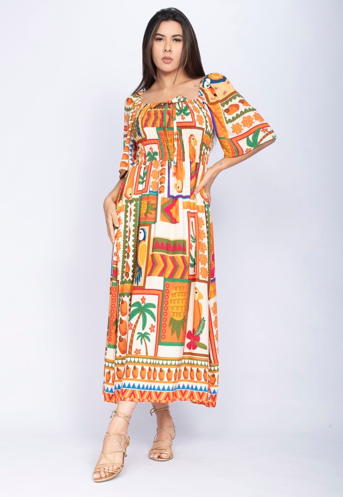 Vista 2 Vestido Midi Amazônia Vital com Manga Estampa Viva Amazônia Amazonia Vital estampado/laranja