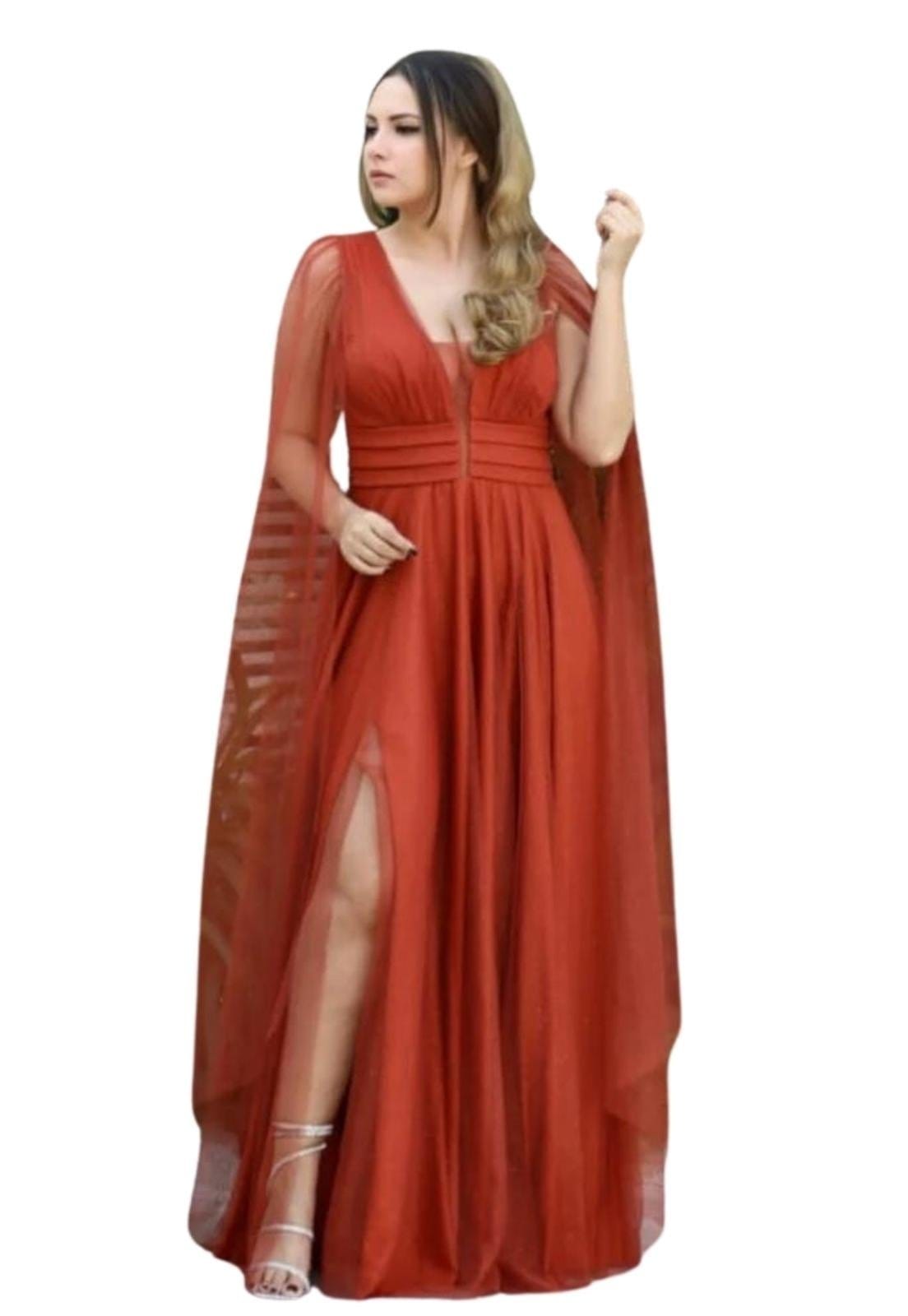 Vestido Longo De Festa Micro Tule Decote em V Com Brilho Mangas Longas e Soltas Caroline Terracota