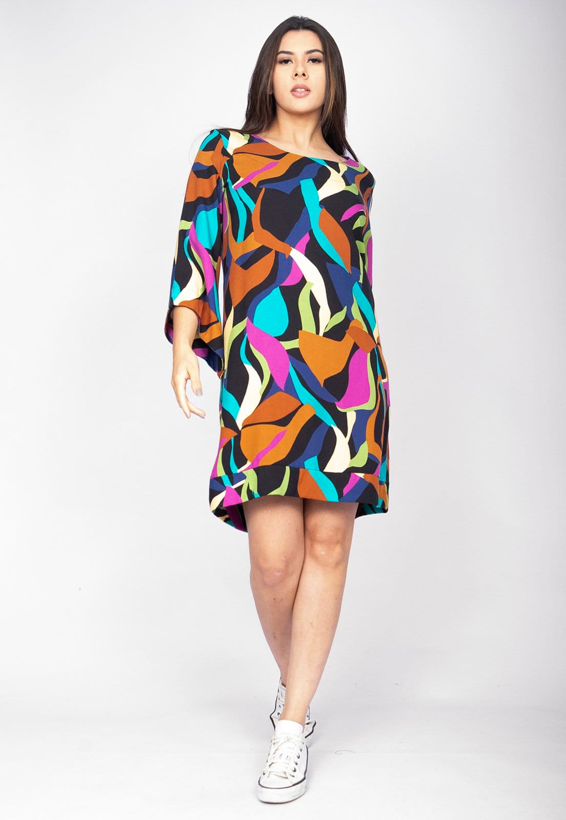 Vista 2 Vestido Curto Amazonia Vital Viscose Manga Ampla Balli Estampa Aurora Urbana Amazonia Vital azul marinho/estampado/off-white/rosa