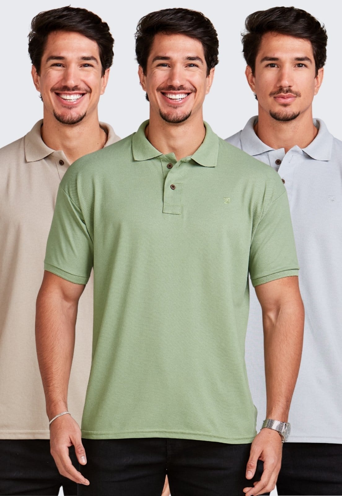 Vista principal Kit 3 Camisa Polo Masculina Algodão Piquet Daze Modas Verde, Areia e Daze Modas cinza/verde verde
