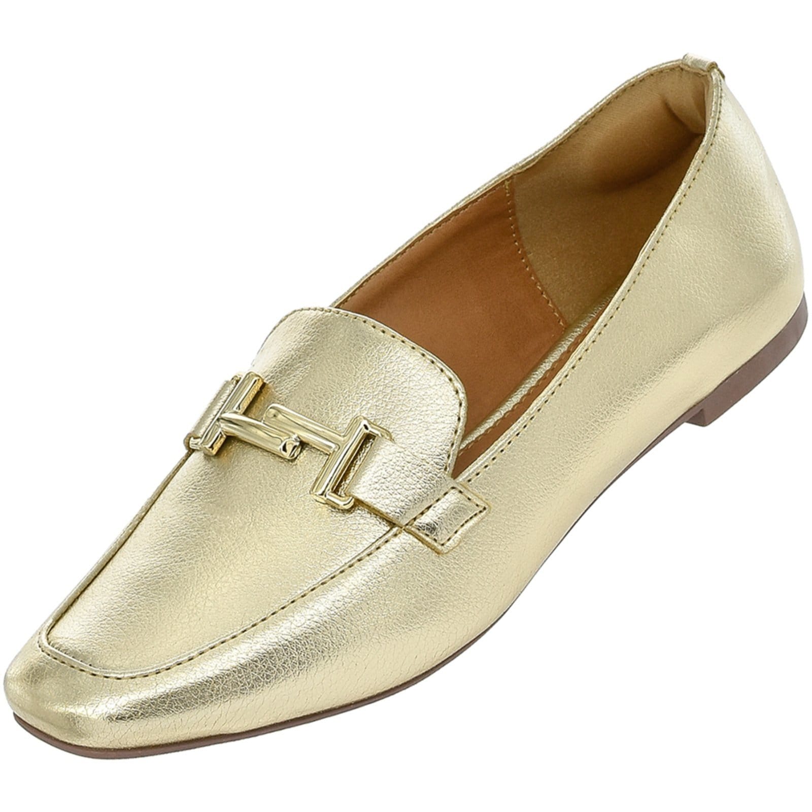 Vista 2 Sapato Feminino Mocassim CM Calçados Bico Quadrado Confort Ouro Light Monte Shoes dourado