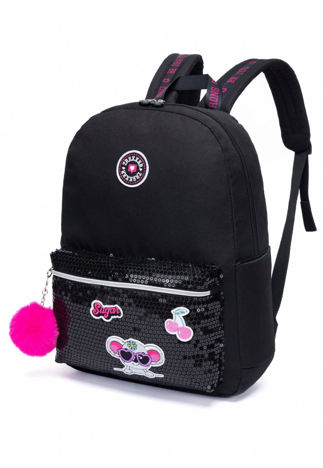 Vista 2 Mochila Trekker Feminina Reforçada Escolar Casual Chaveiro Brilho TREKKER preto