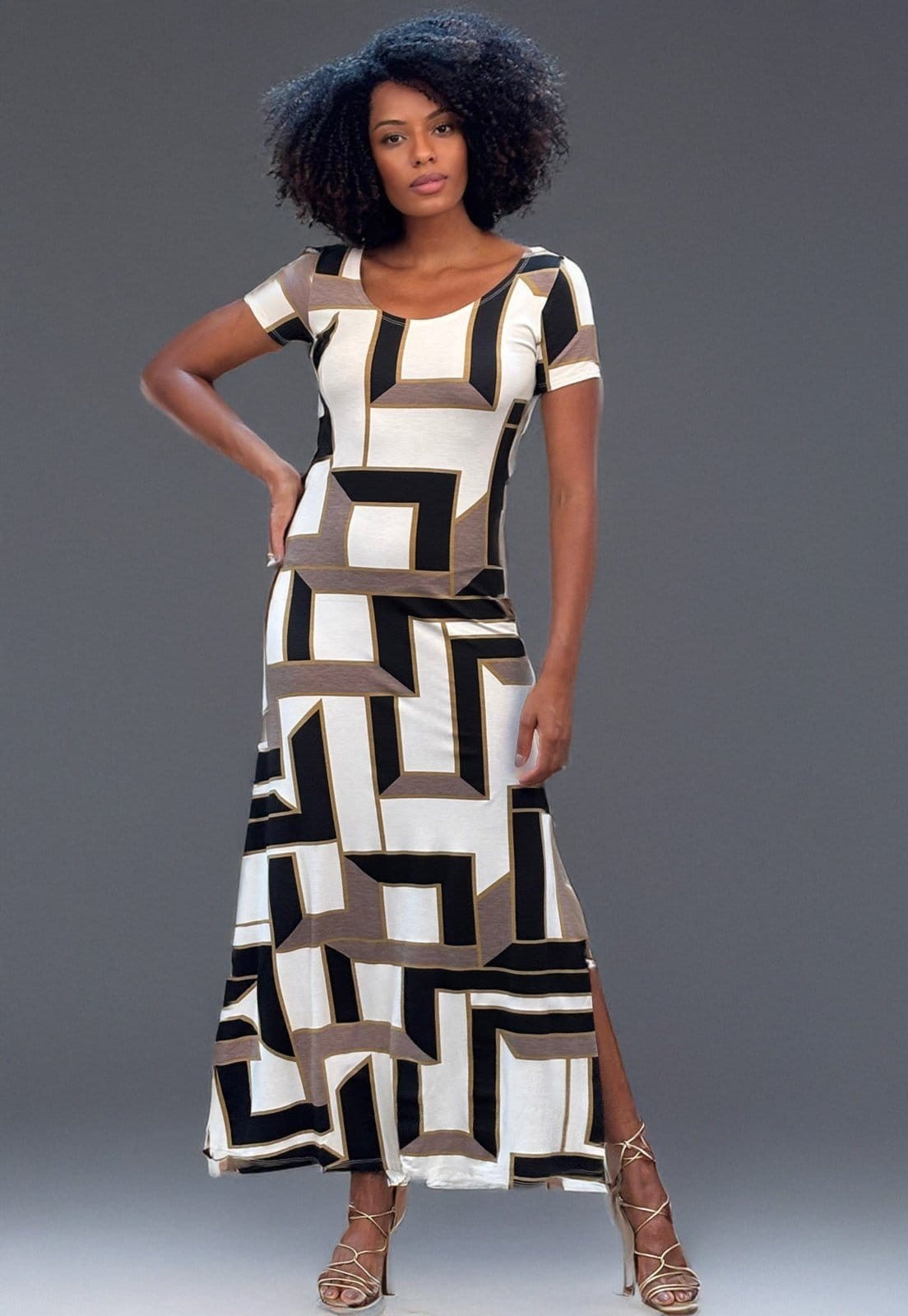 Vestido Cabanafree Longo Malha Gola Canoa Manga Curta Estampa Igaci