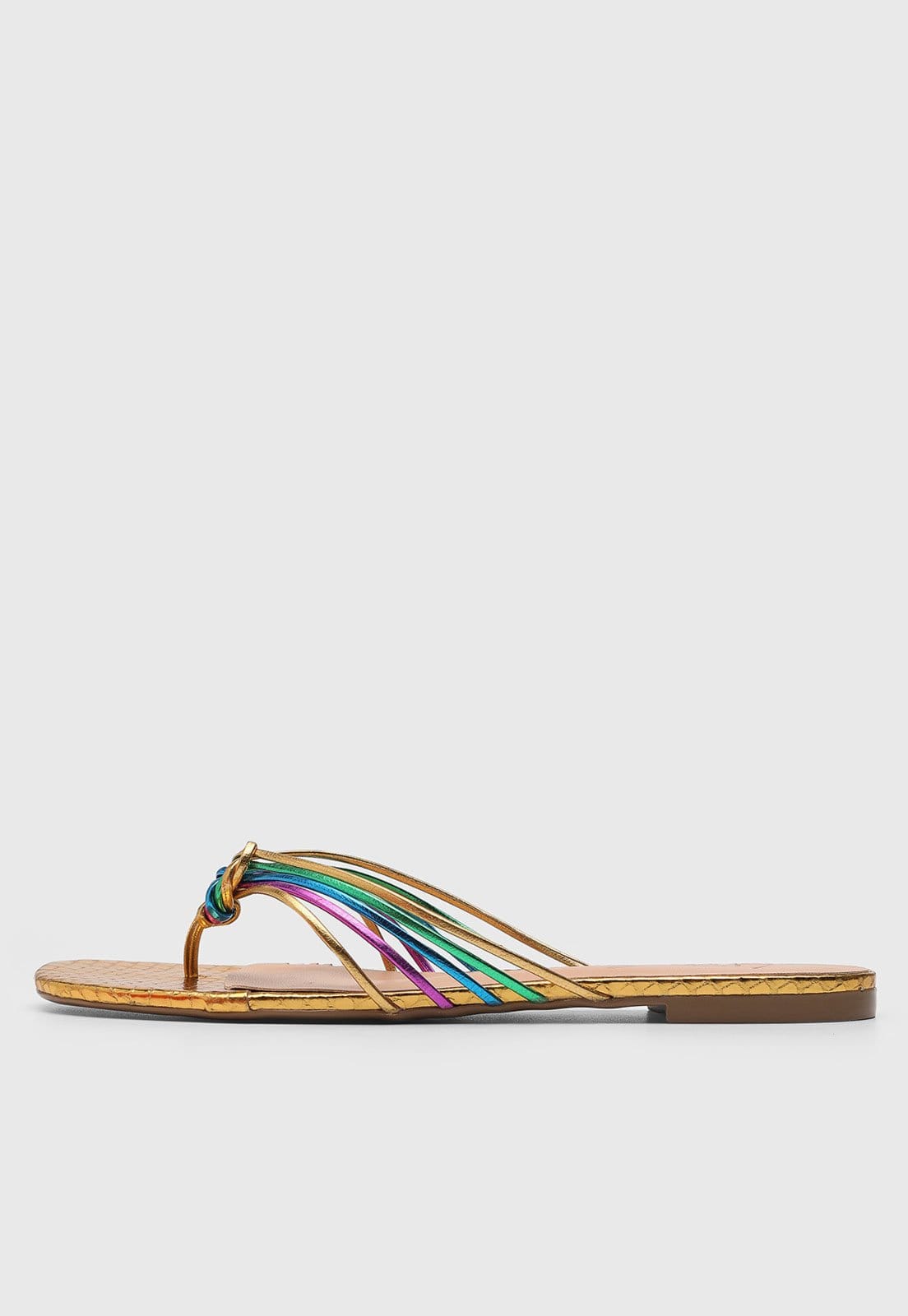 Vista principal Rasteira Feminina Luiza Barcelos Tiras Multicoloridas Dourada Luiza Barcelos dourado