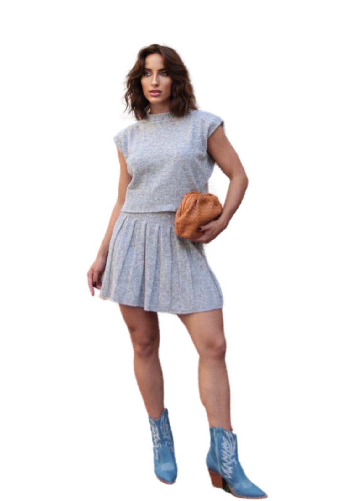 Conjunto Blusa e Saia Colegial Tricot Moda Mousse Catarina Claro