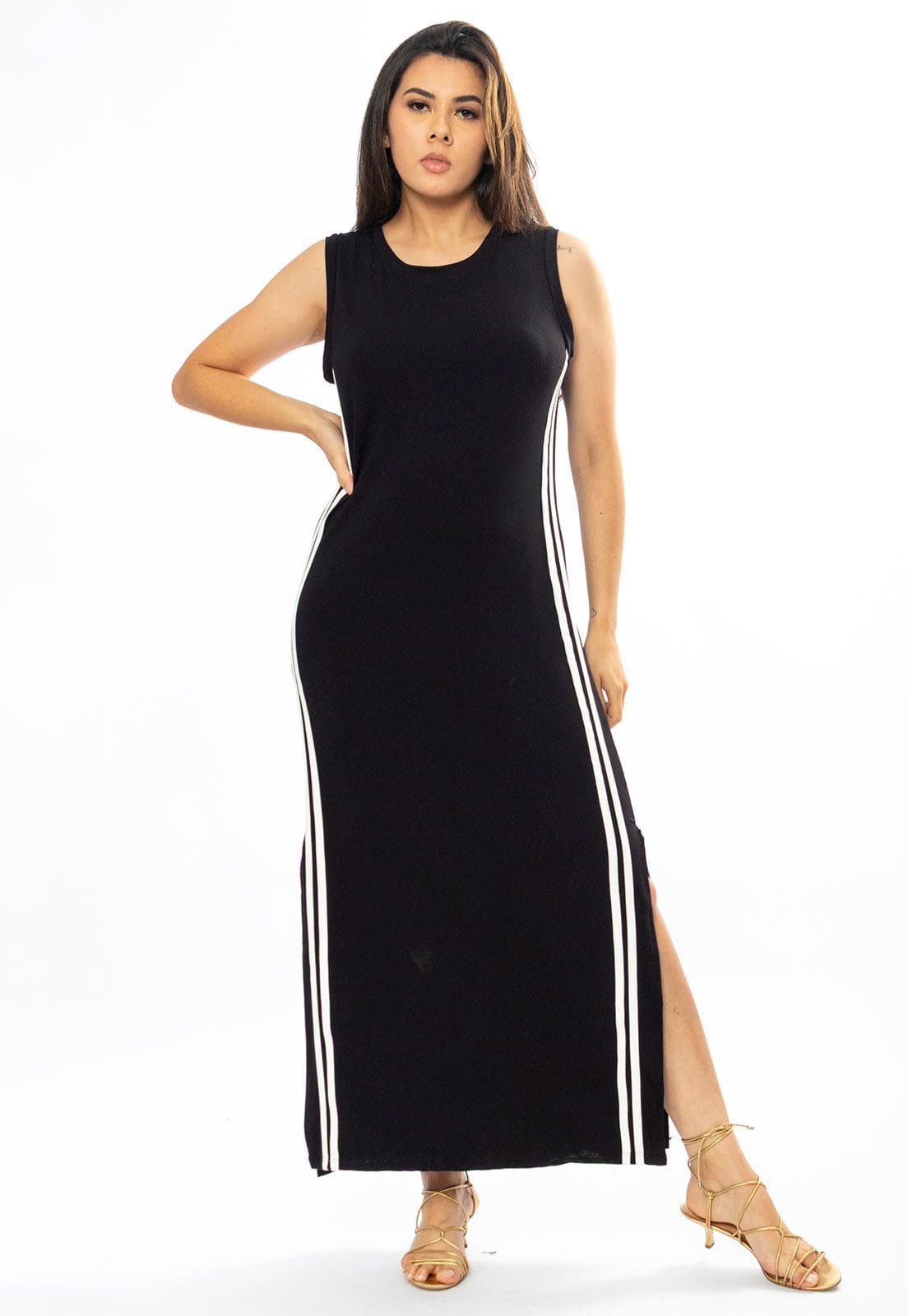 Vista principal Vestido Midi Cabanafree Faixa Lateral Black Cabanafree branco/estampado black