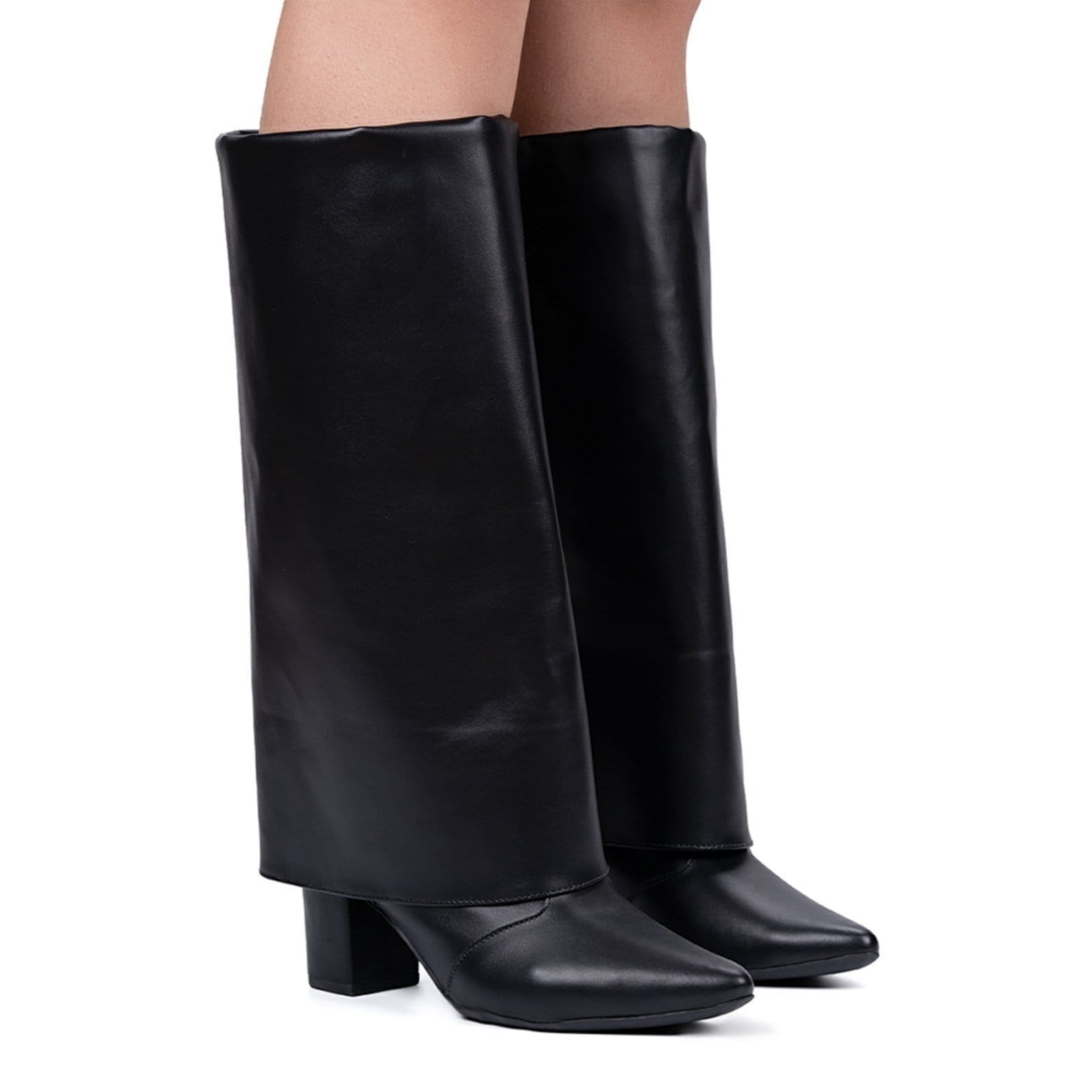 Bota Capa Domidona Feminina Cano Alto Salto Alto Bloco Bico Fino Preta