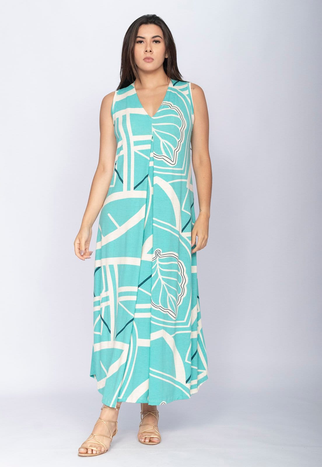 Vista principal Vestido CabanaFree Longo Acará Malha Estampa Aqua Flora Cabanafree azul/estampado aqua