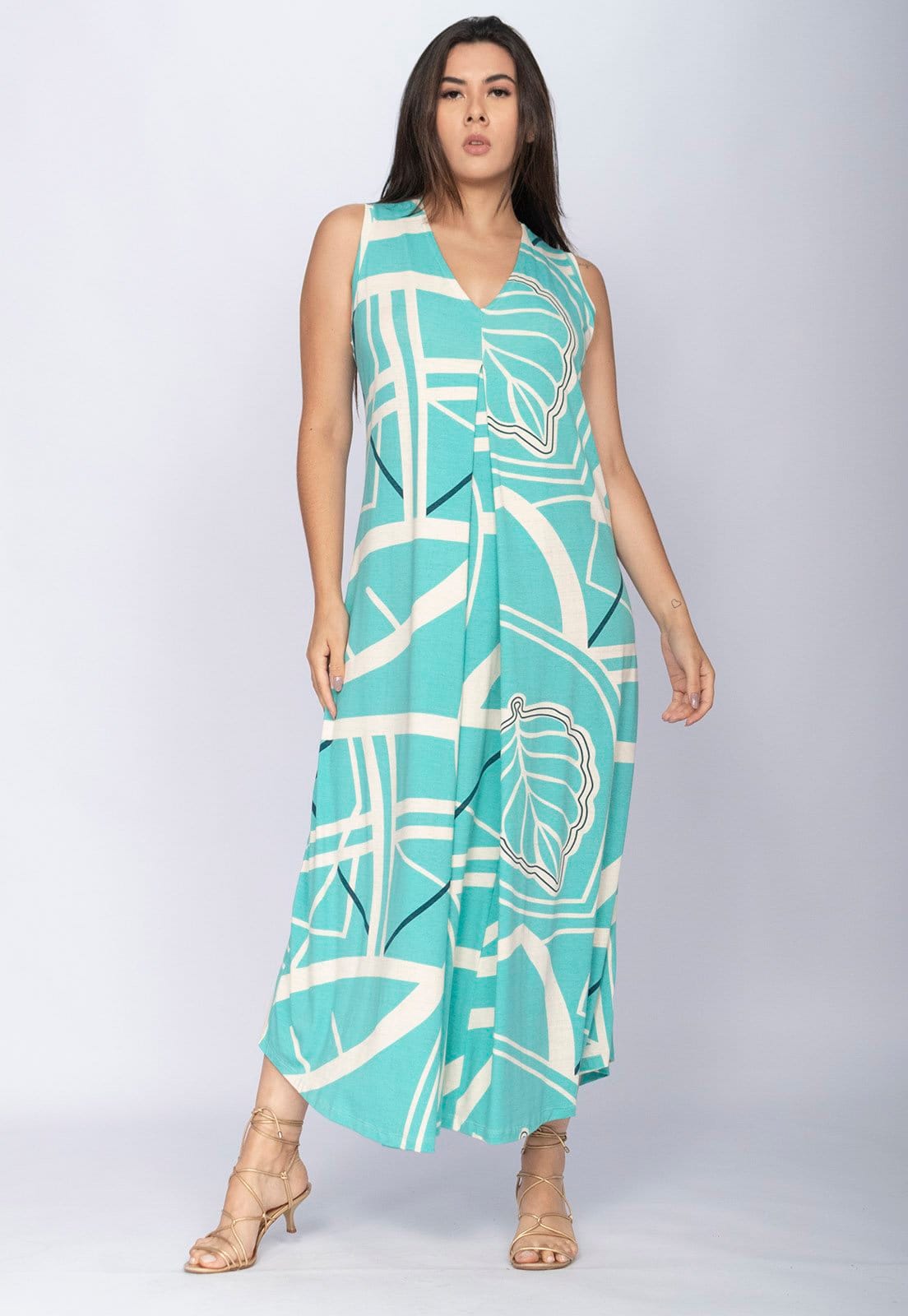 Vista 2 Vestido CabanaFree Longo Acará Malha Estampa Aqua Flora Cabanafree azul/estampado aqua
