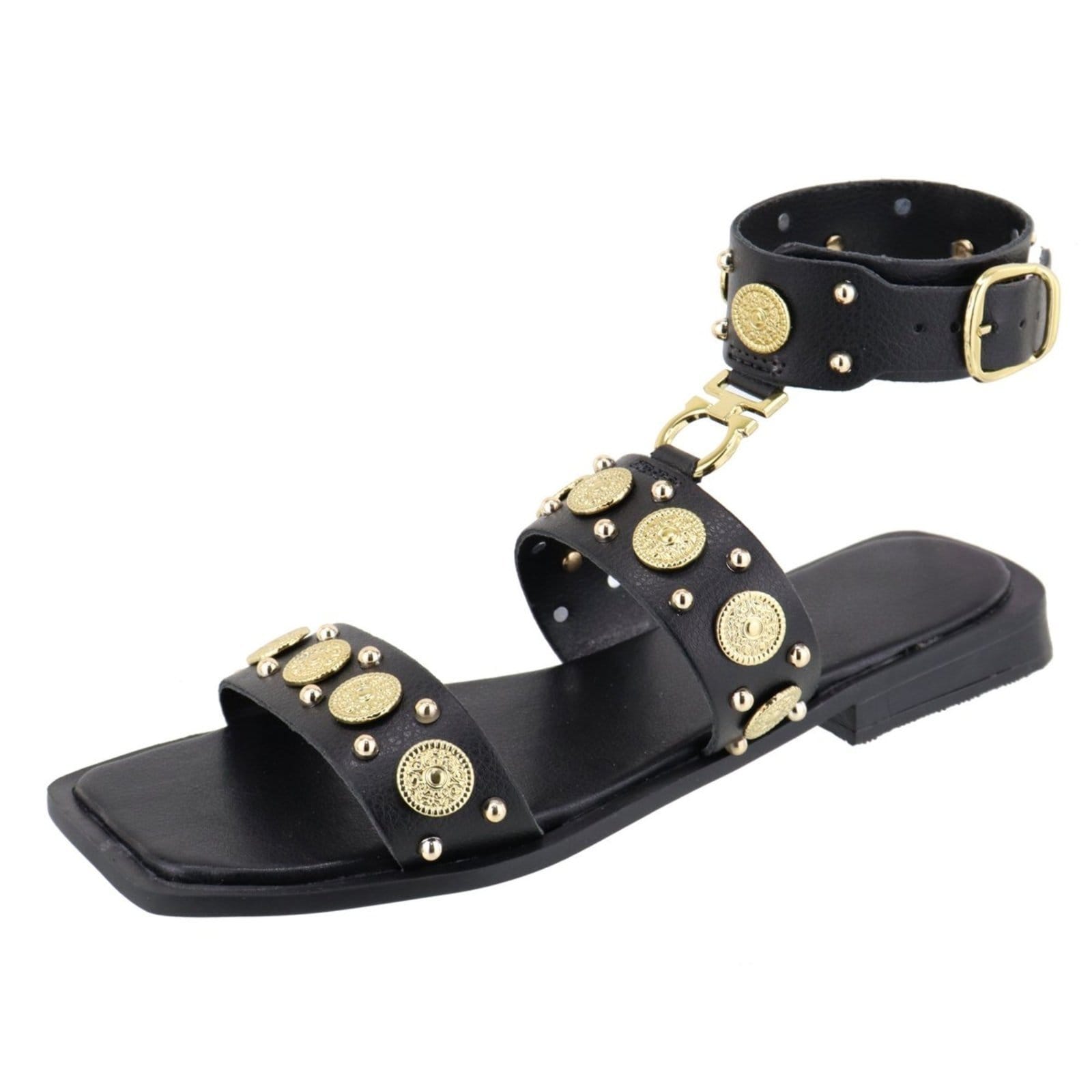 Rasteira Paula B Com Aplicações De Metais Dourados Estilosa E Amarração No Tornozelo