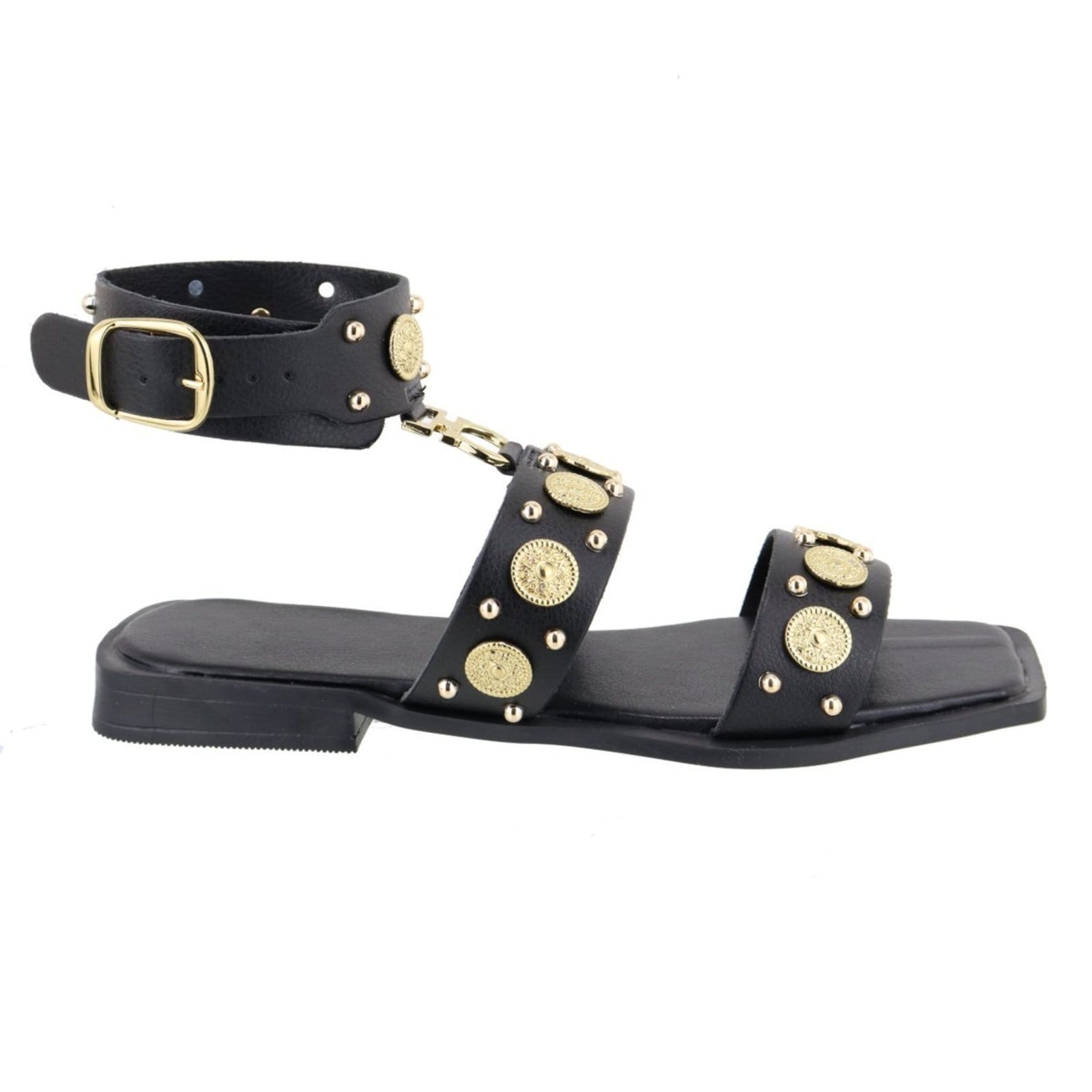 Vista 2 Rasteira Paula B Com Aplicações De Metais Dourados Estilosa E Amarração No Tornozelo PAULA B preto