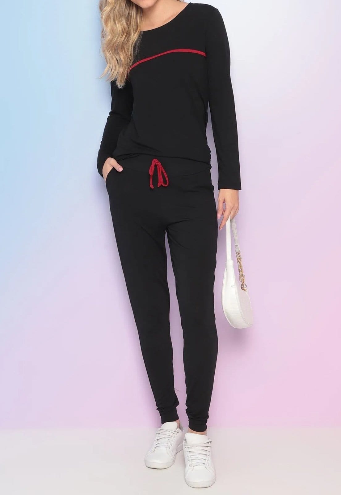 Conjunto Viscolycra Maria Paes Calça e Blusa Manga Longa com Viés