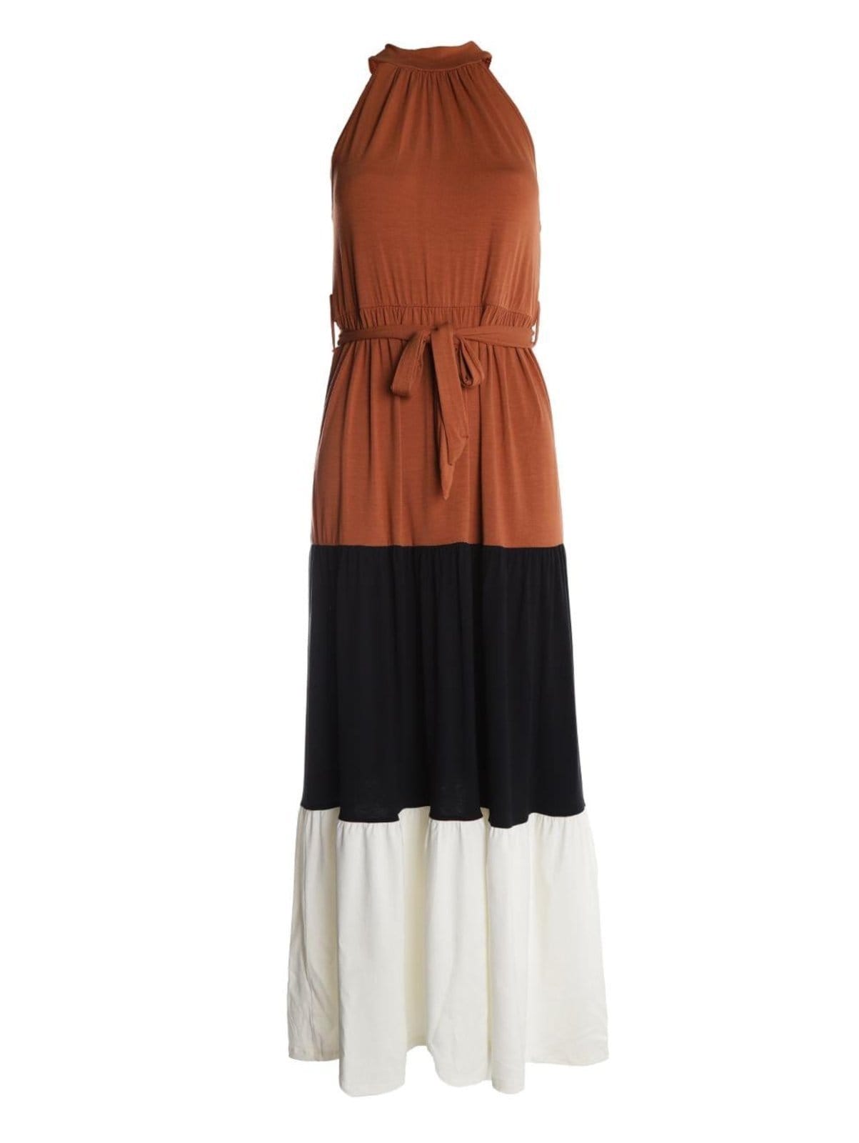 Vestido Com Amarração Bloco de Cores Feminino MARROM/OFF WHITE/PRETO