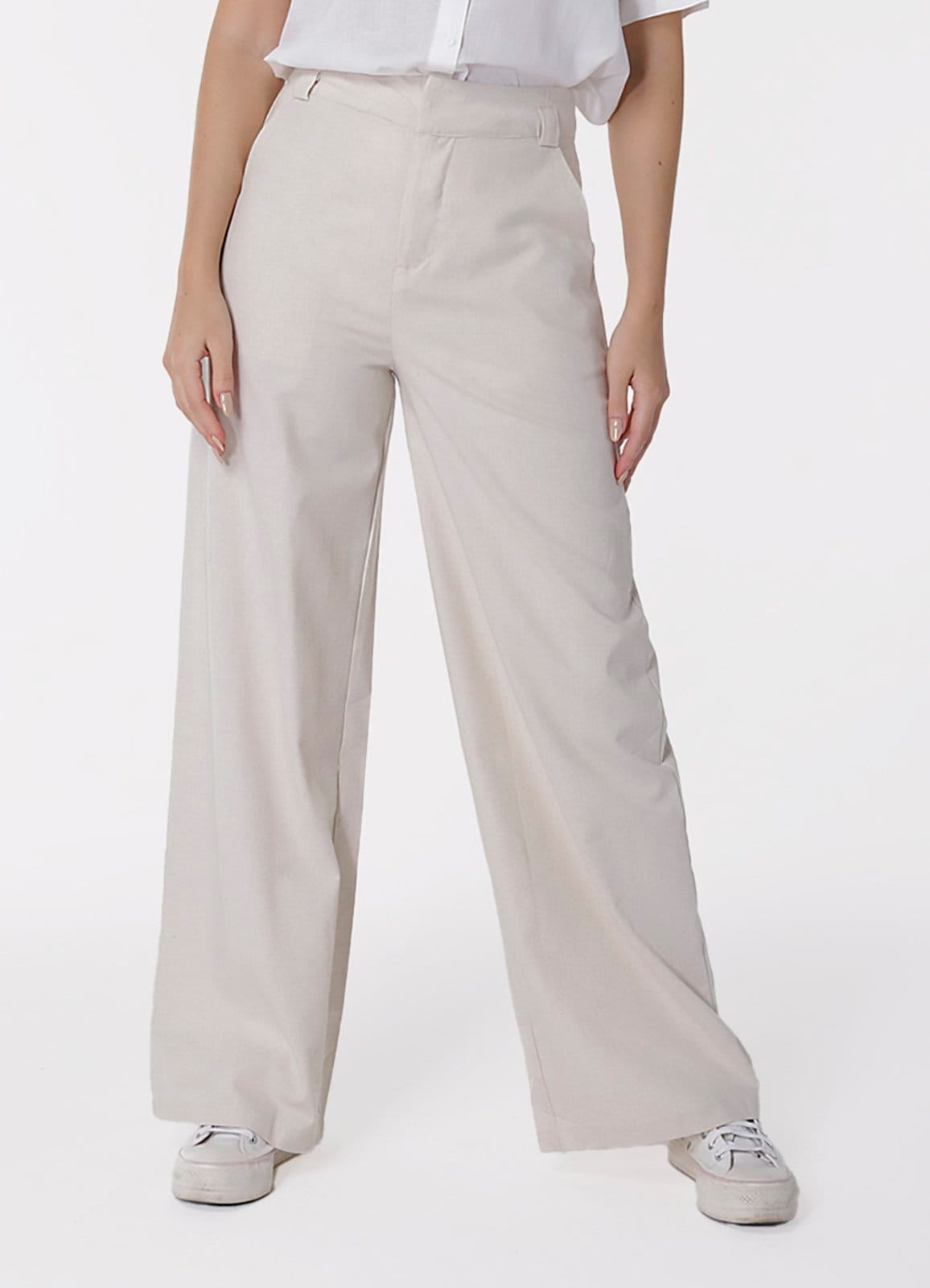 Calça de Linho Areia Pantalona Alfaiataria Feminina Sob