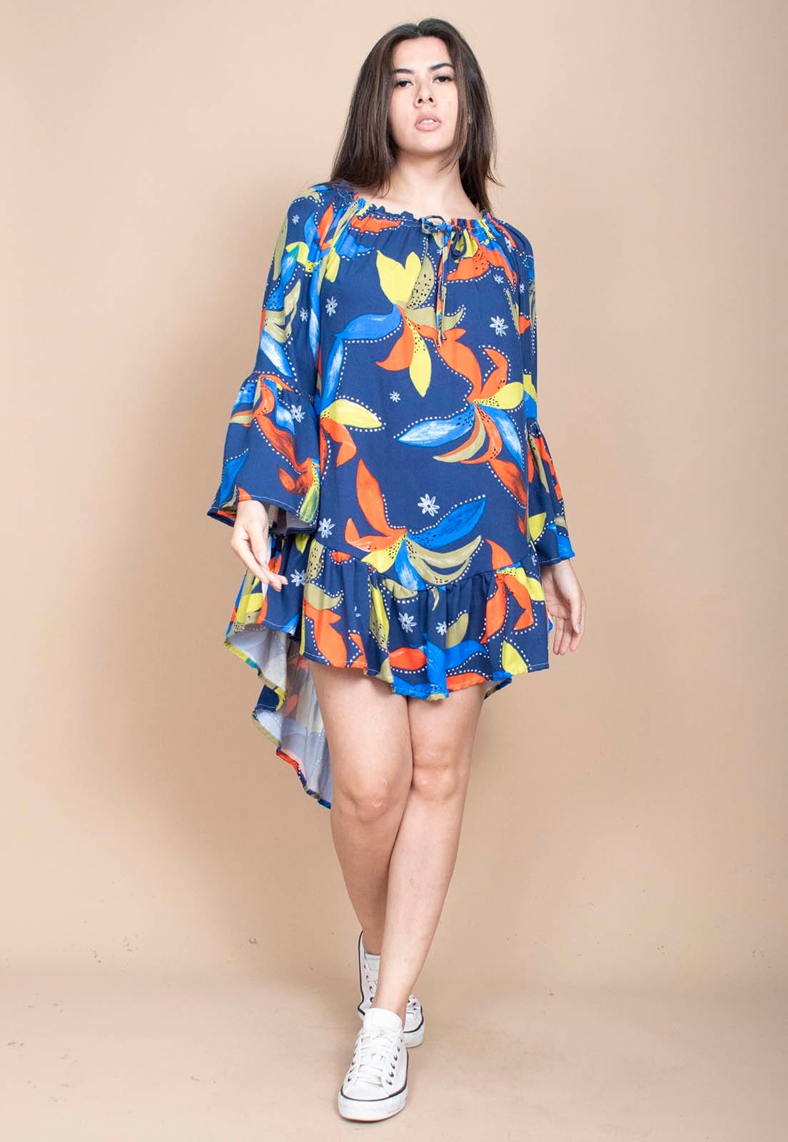 Vista principal Vestido Curto Cabanafree Viscose Com Babados Estampa Maré Vibrante Cabanafree amarelo/estampado/laranja/verde