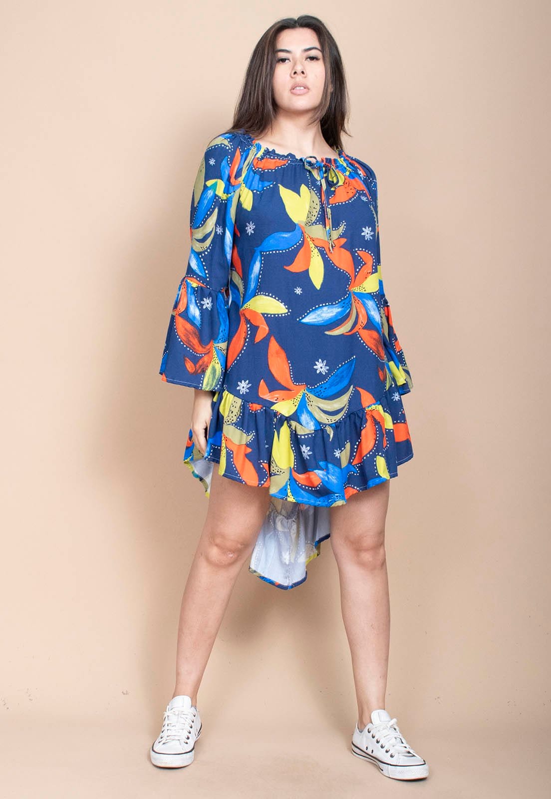 Vista 2 Vestido Curto Cabanafree Viscose Com Babados Estampa Maré Vibrante Cabanafree amarelo/estampado/laranja/verde