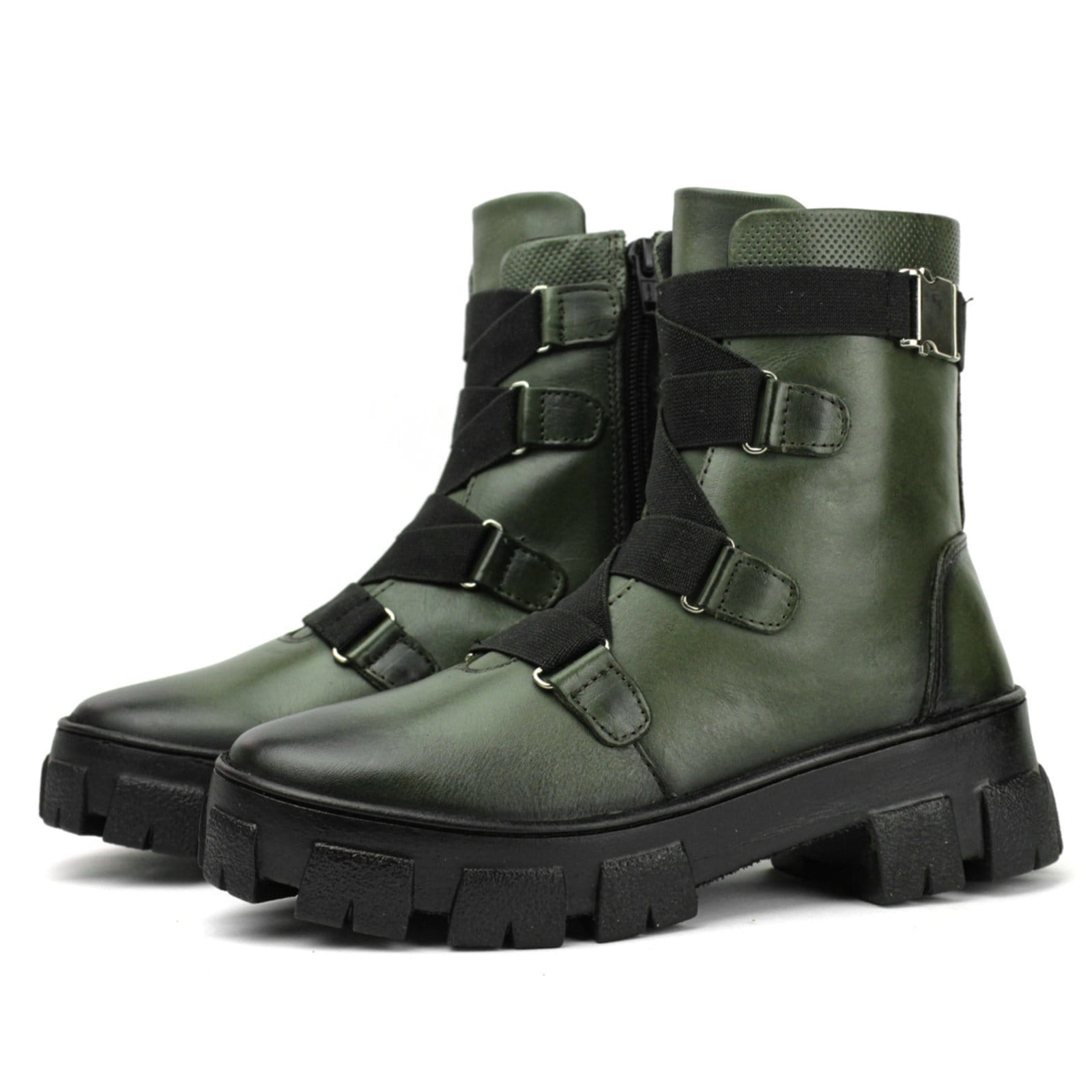 Vista principal Coturno Couro Militar Feminino Tratorado Cano Médio Elásticos Ajustáveis Casual super shoes verde militar