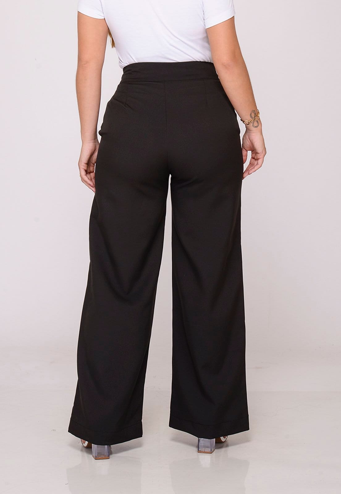 Vista 2 Calça Social Feminina Pantalona Cintura Alta Elegância e Conforto Macaw preto