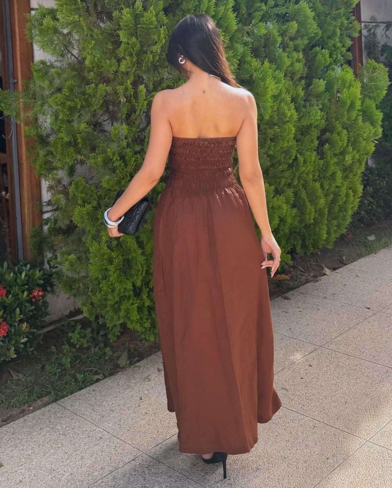 Vista 2 Vestido Midi Sarja Feminino Franzido 25216 Consciência marrom