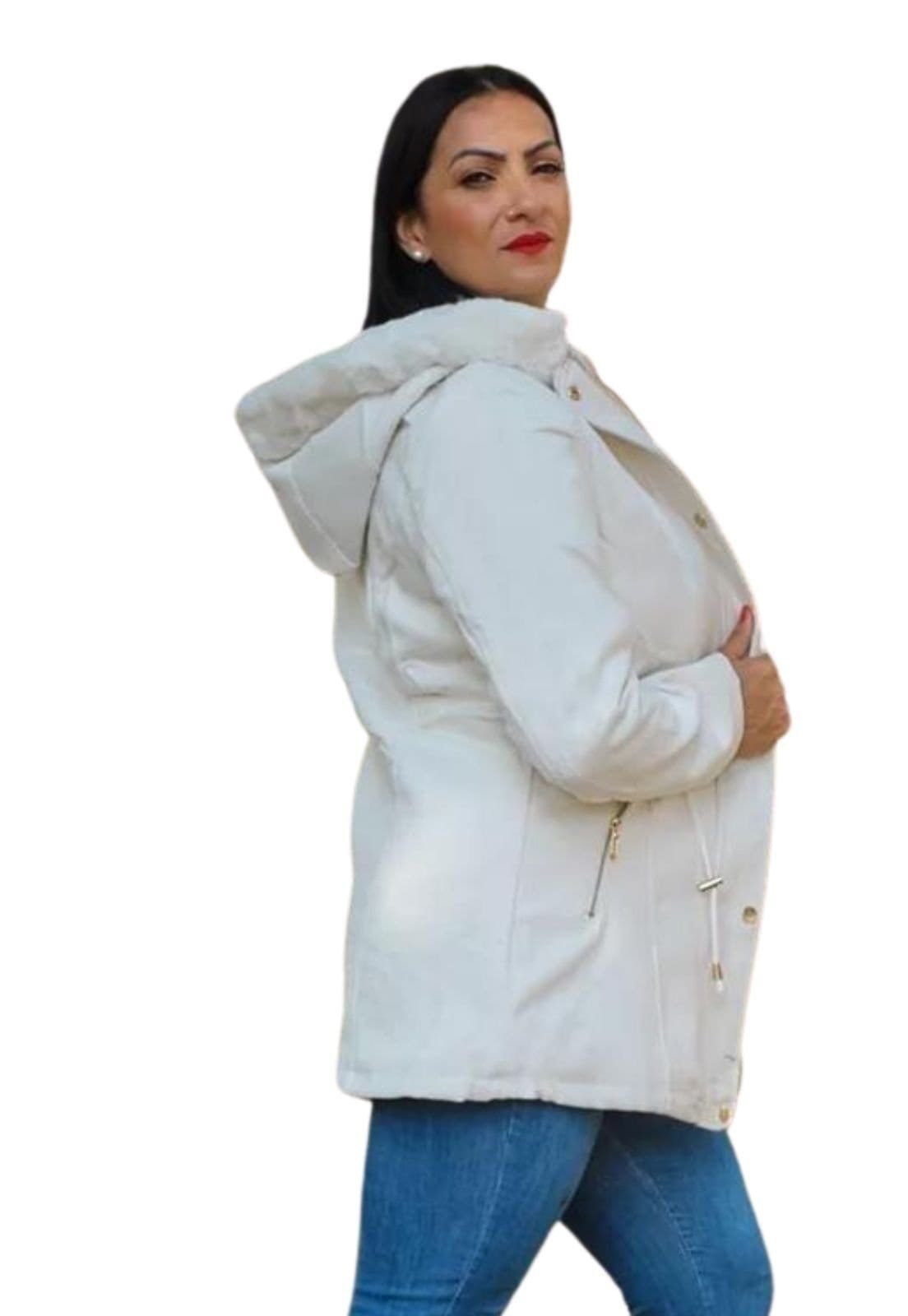 Vista principal Jaqueta Parka Lã Batida Sobretudo Forrada Com Capuz Removível Off White Cia do Vestido branco white