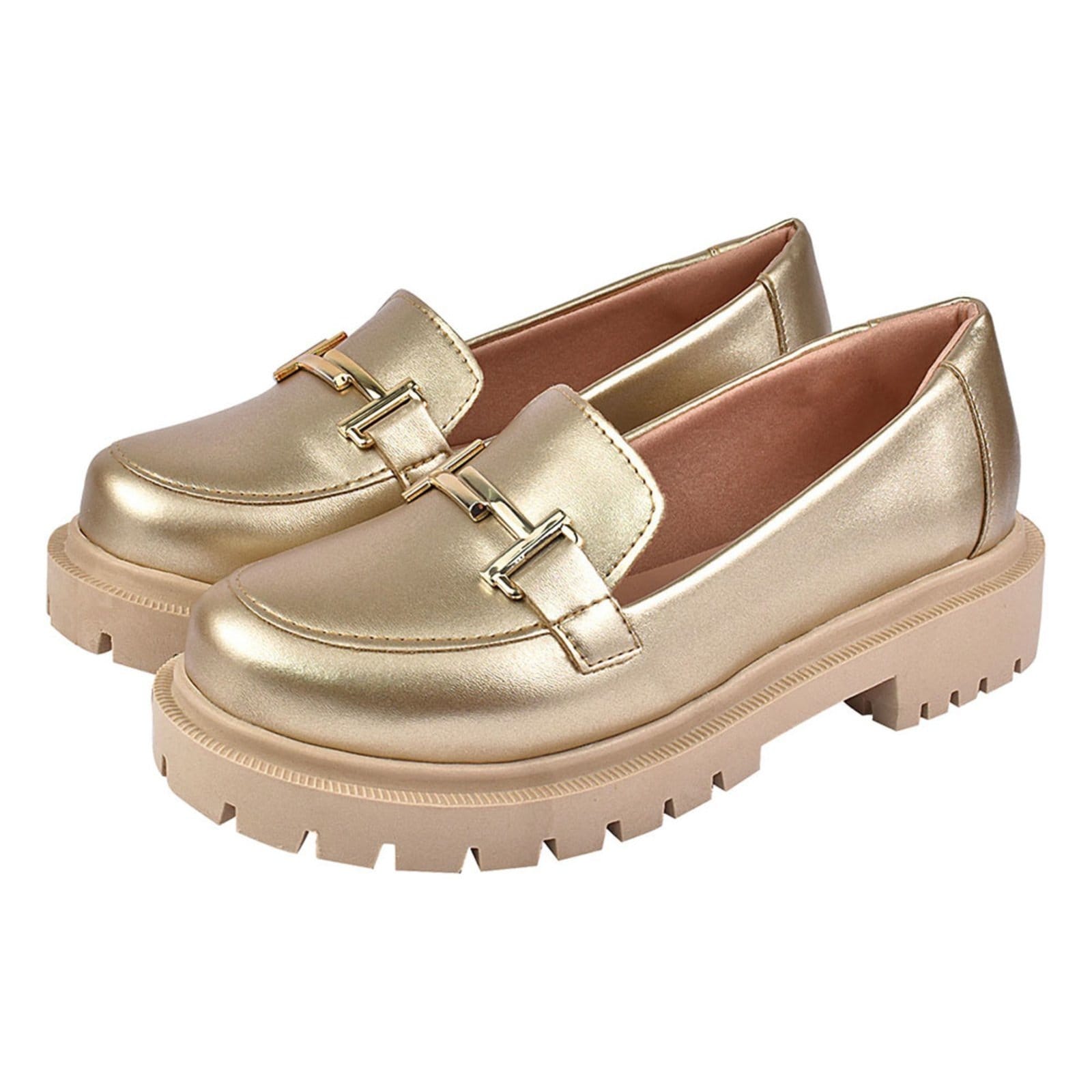 Sapato Feminino Mocassim Tratorado CM Calçados Bico Redondo Confort Ouro Light