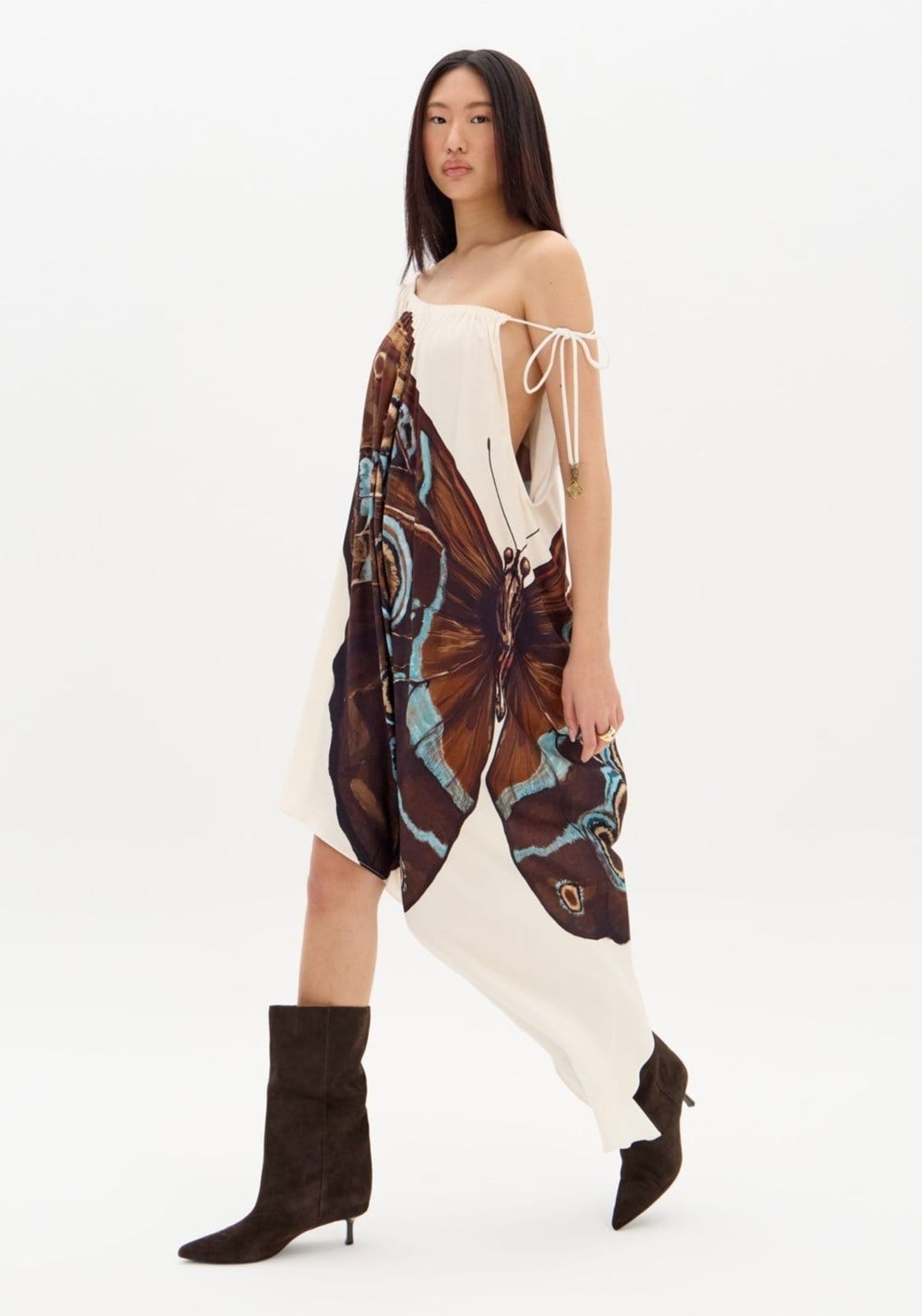 Vista 2 Vestido Curto Assimétrico Ombro Único Estampado My Favorite Things bege