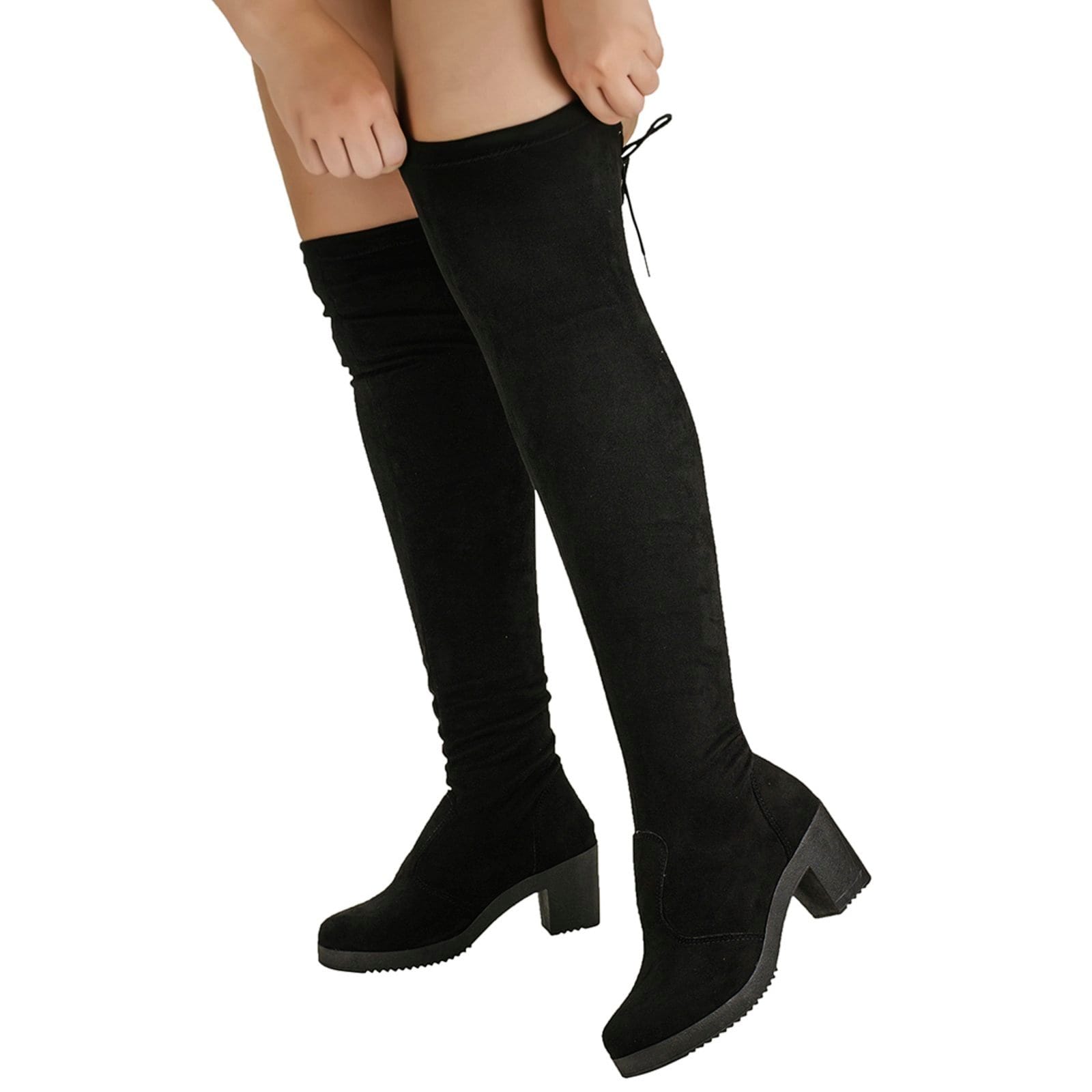 Vista principal Bota Over The Knee Feminina Stretch Com Elástico Salto Saltinho Confortável Cano Longo Enrrugada Shekinah preto