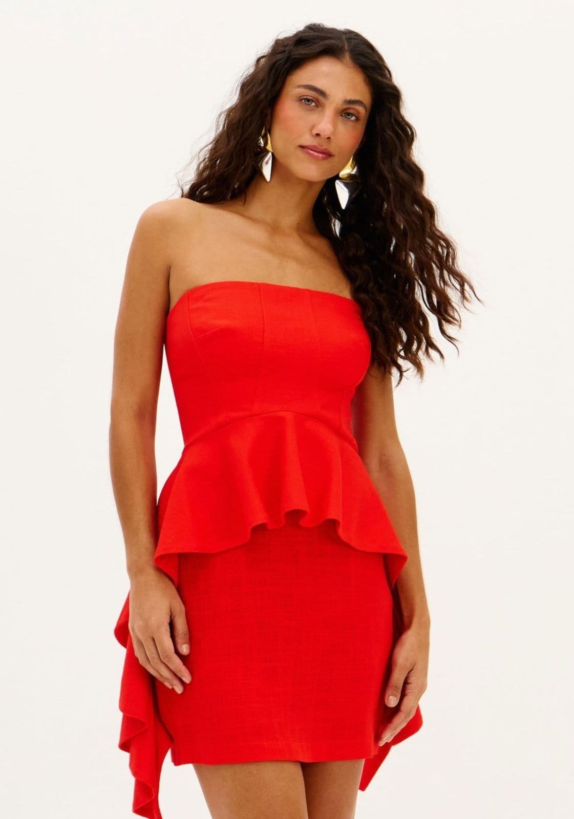 Vista 2 Vestido Curto De Babados Com Linho My Favorite Things vermelho