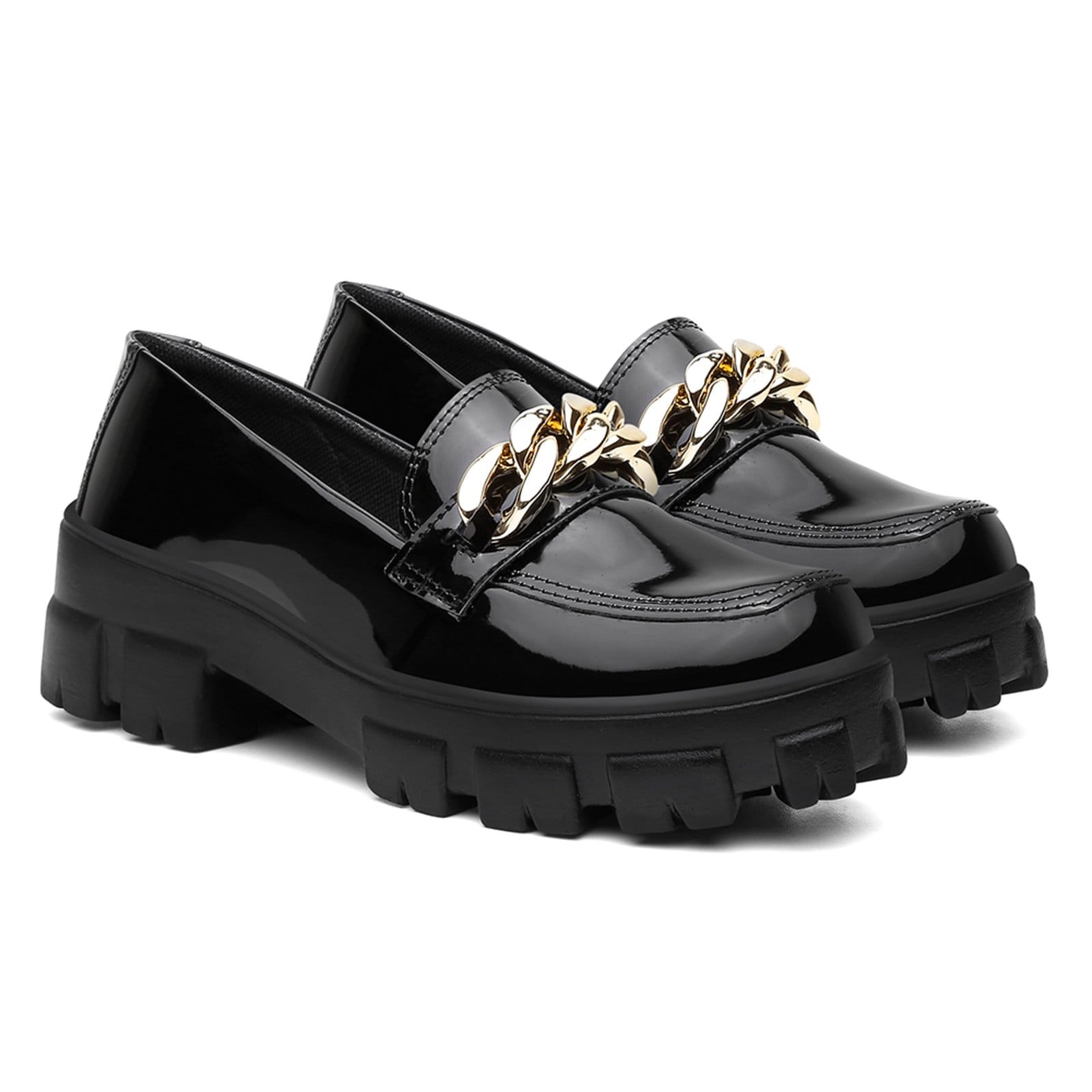 Vista principal Mocassim Plataforma Nine4 Solado Tratorado Detalhe Corrente Dourada Verniz Nine4 preto