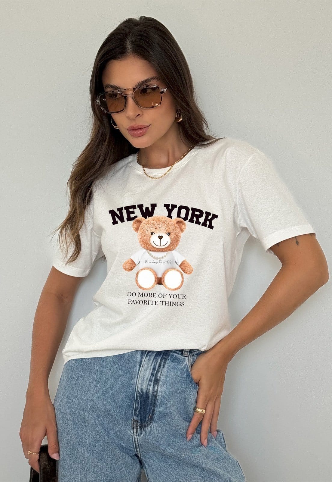 Vista principal Camiseta Cianitas Off Estampa Urso New York Cianitas off-white