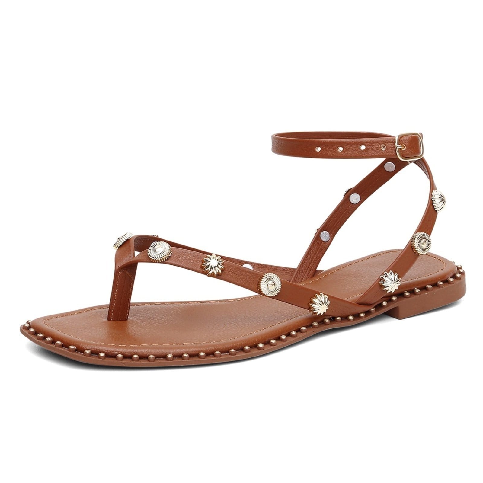 Vista principal Sandália Feminina Rasteira Medalha Tachas Santa Rosa caramelo