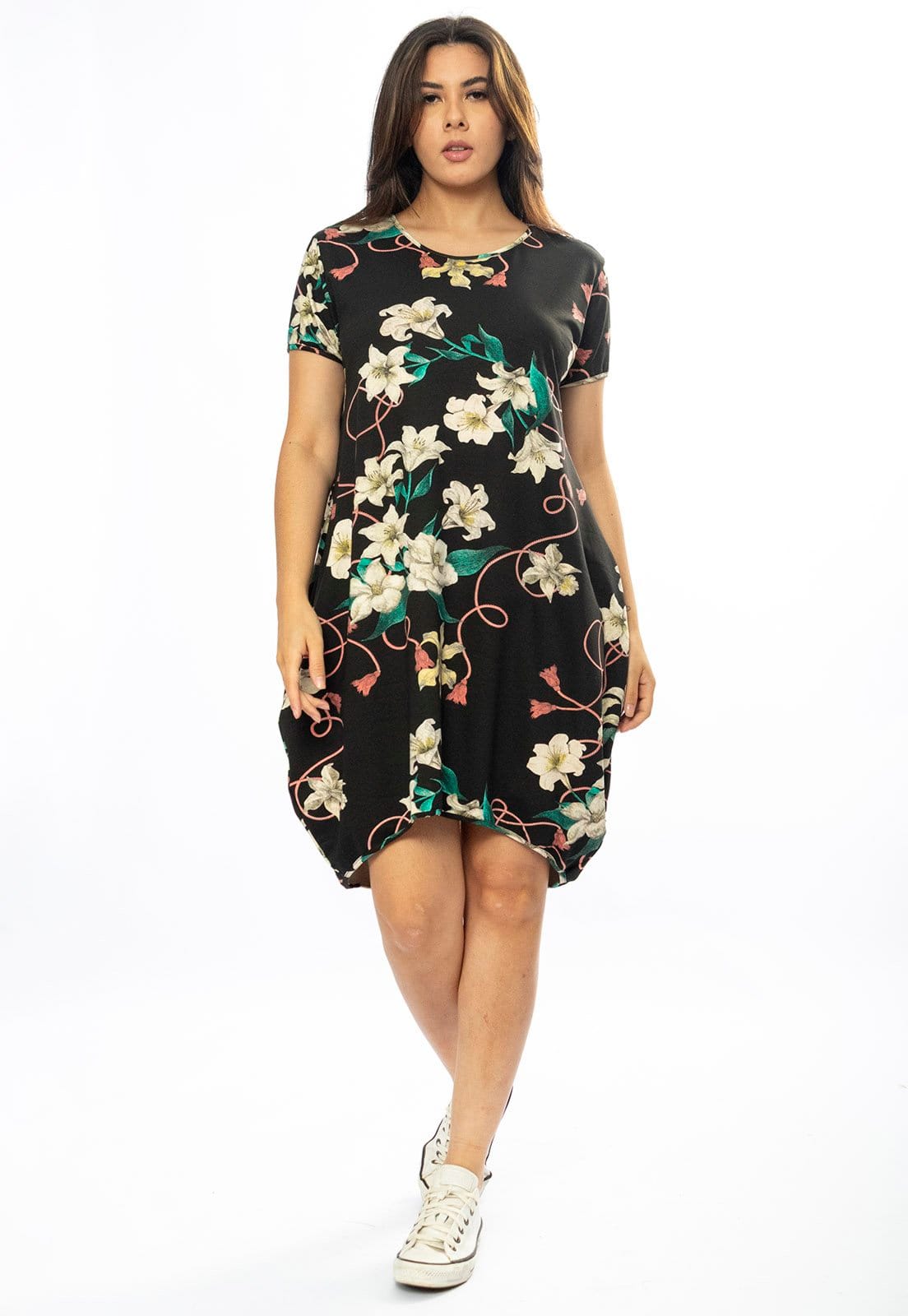 Vista principal Vestido Curto Cabanafree Malha Amplo Always Estampa Flores Ébano Cabanafree amarelo/branco/estampado/verde