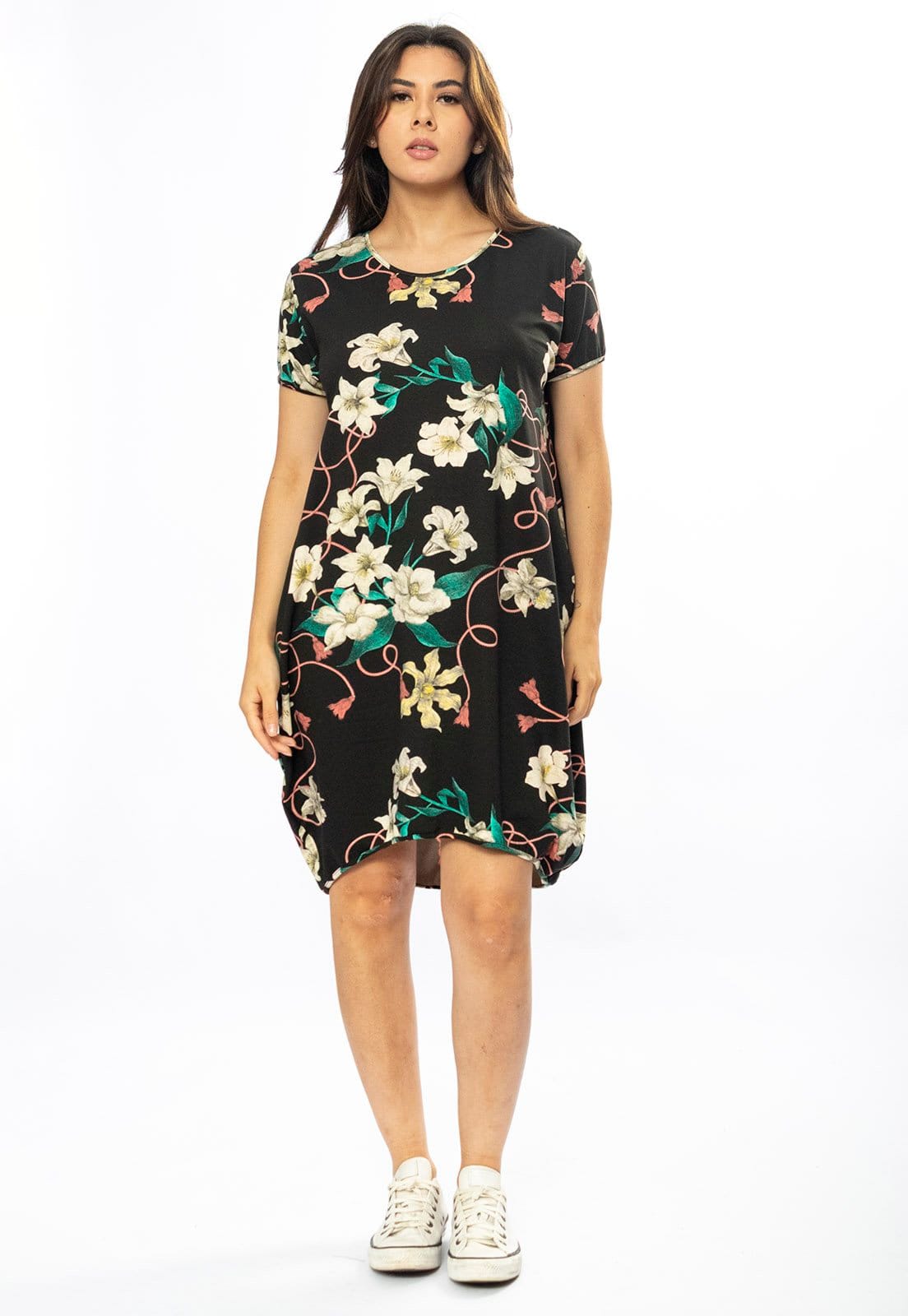 Vista 2 Vestido Curto Cabanafree Malha Amplo Always Estampa Flores Ébano Cabanafree amarelo/branco/estampado/verde