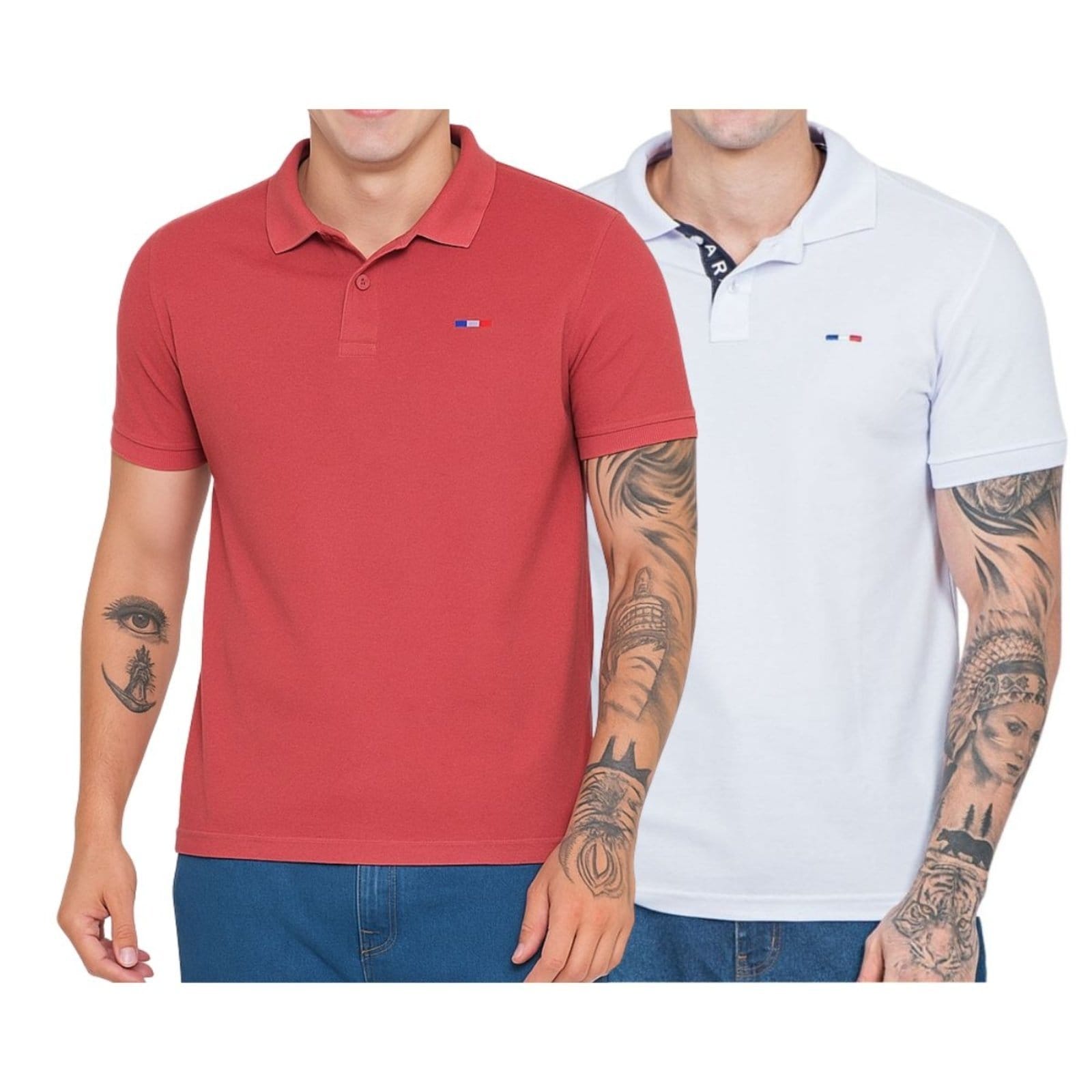 Kit 2 Polos Masculina Básicas FMF Bege Claro e Piquet no Estilo Tommy Bordado França