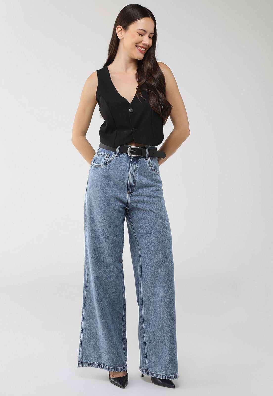 Vista 2 Calça Jeans Lança Perfume Wide Leg Pocket Lança Perfume azul