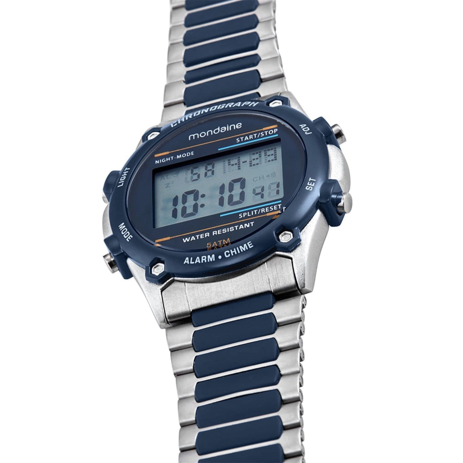 Vista 2 Relógio Masculino Cronógrafo Digital Detalhes Azul Mondaine prata azul