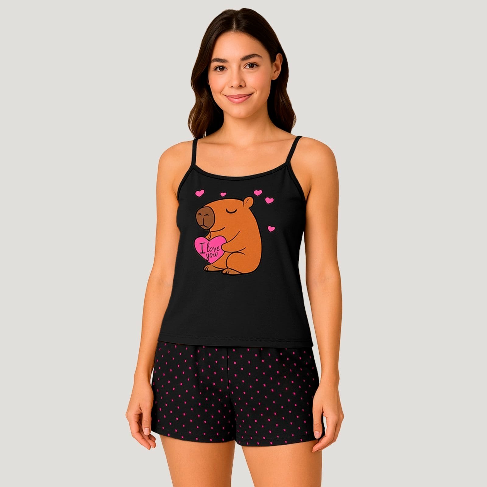 Vista 2 Kit 2 Conjunto de Verão Gabi Lingerie Capivara Baby Doll Elegante Alcinha Estampado Pijama Sensual Gabi Lingerie multicolorido