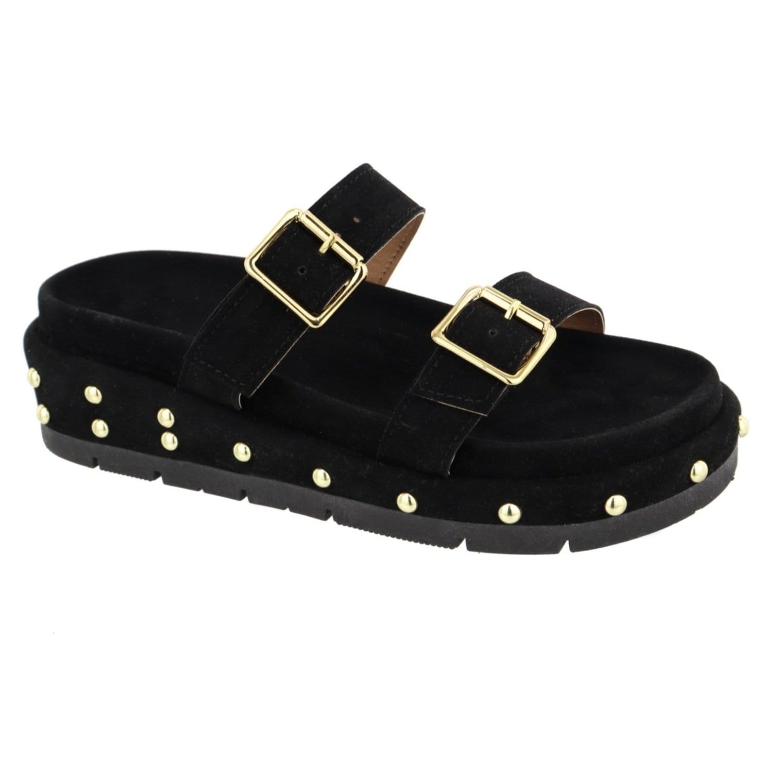 Vista principal Sandália Papete Feminina Sola Alta Fivelas Camurça Preta TELLINI STORE preto