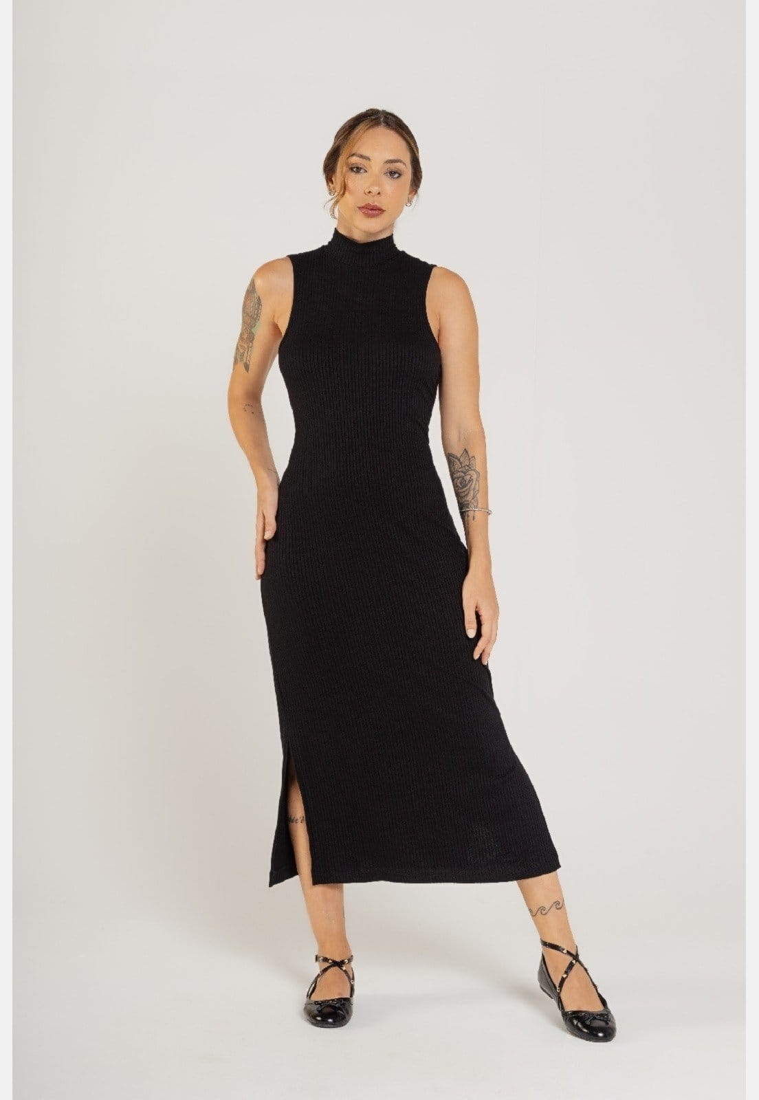 Vestido Longo Gola Alta em Ribana Canelada Just Basic