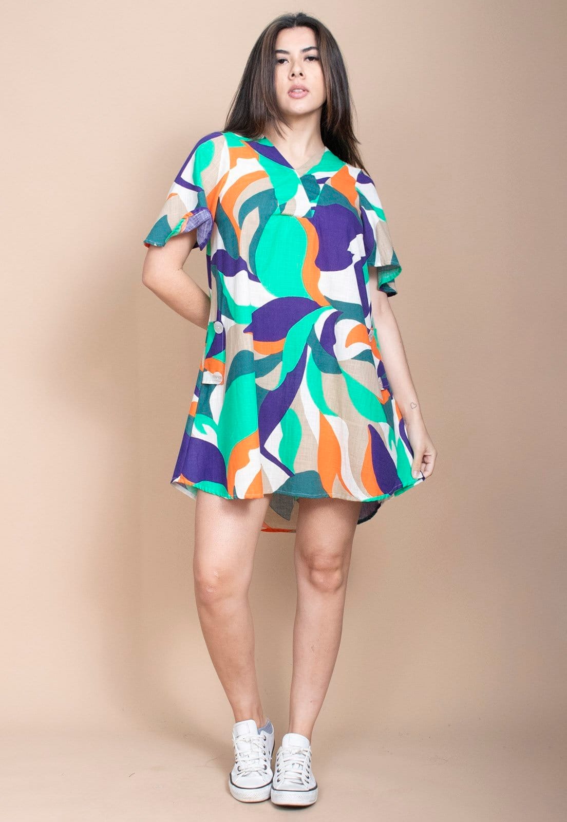 Vista principal Vestido Curto Cabanafree Pataxô Viscose Mullet Decote V Brisa do Mar Cabanafree azul/estampado/laranja/off-white