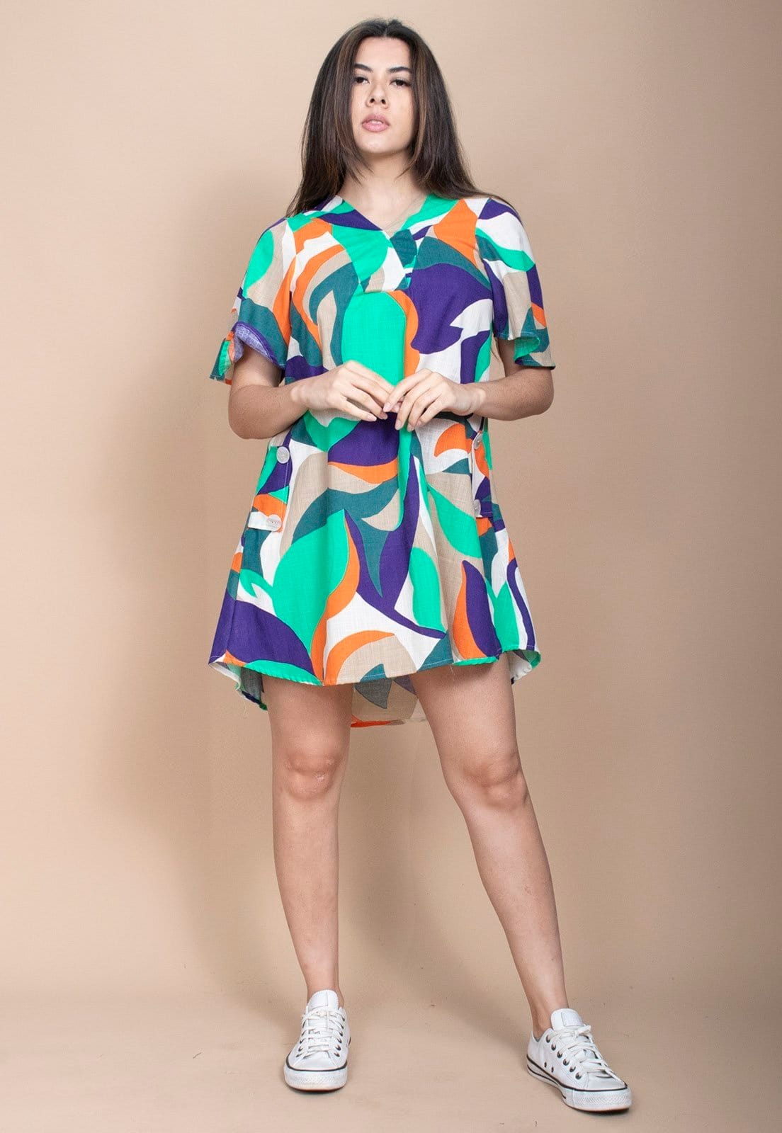 Vista 2 Vestido Curto Cabanafree Pataxô Viscose Mullet Decote V Brisa do Mar Cabanafree azul/estampado/laranja/off-white